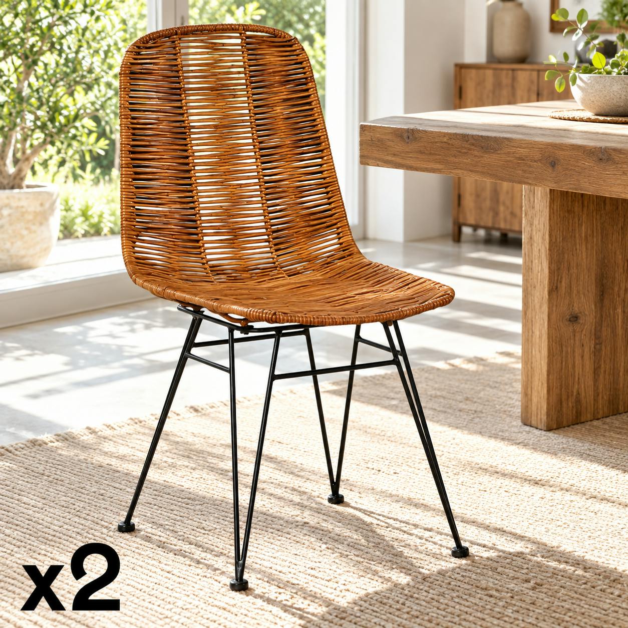 Chaise en rotin naturel pieds métal noir (lot de 2) CANADA