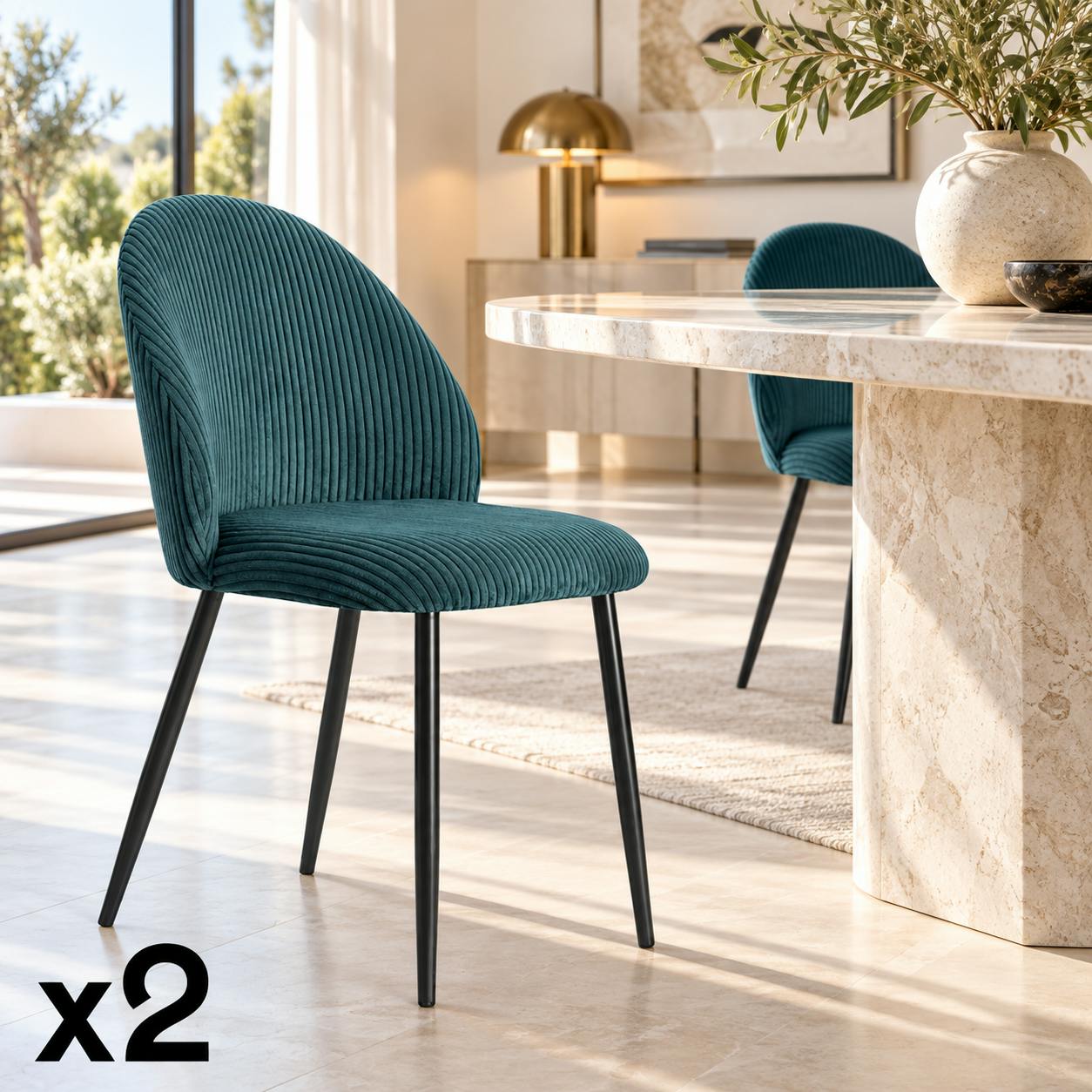 Chaise en tissu côtelé bleu pétrole (lot de 2) IENA