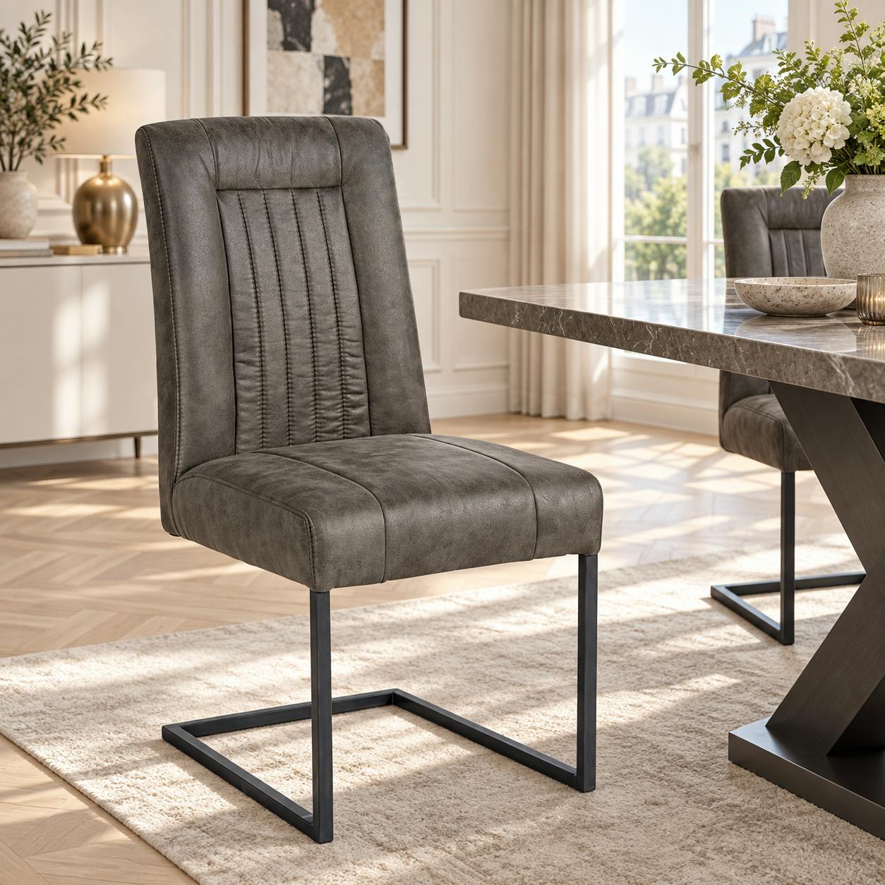 Chaise en tissu microfibres gris et pieds métal noir