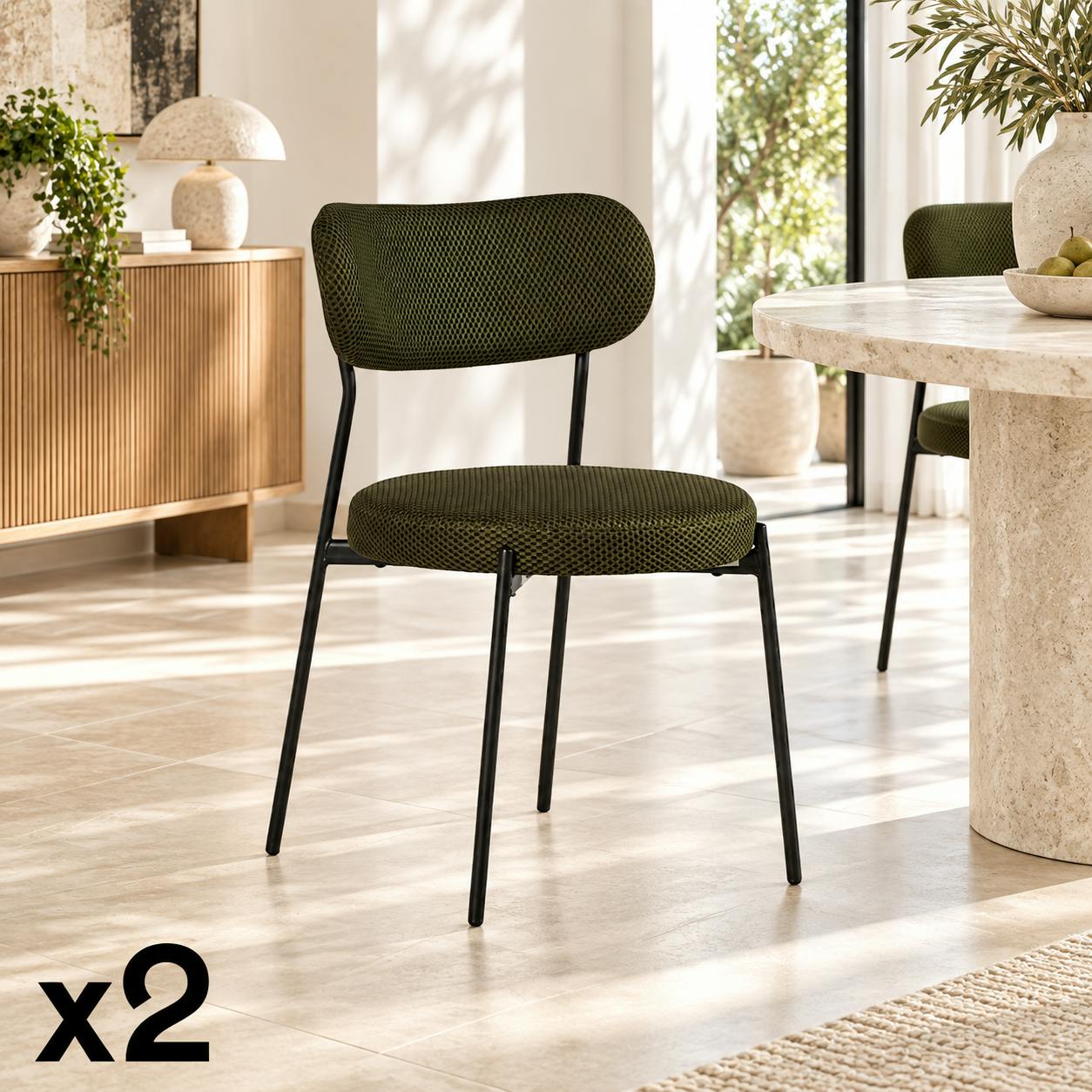 Chaise en tissu résille matelassée vert (lot de 2) IENA