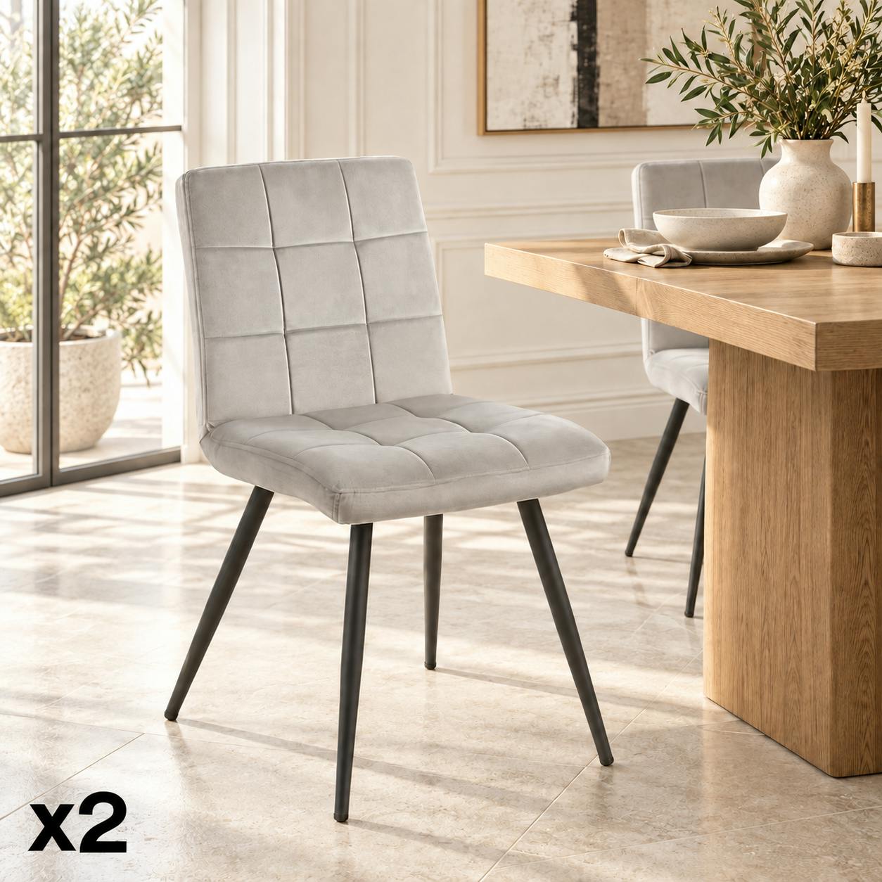 Chaise en velours capitonné gris MALMOE (lot de 2)