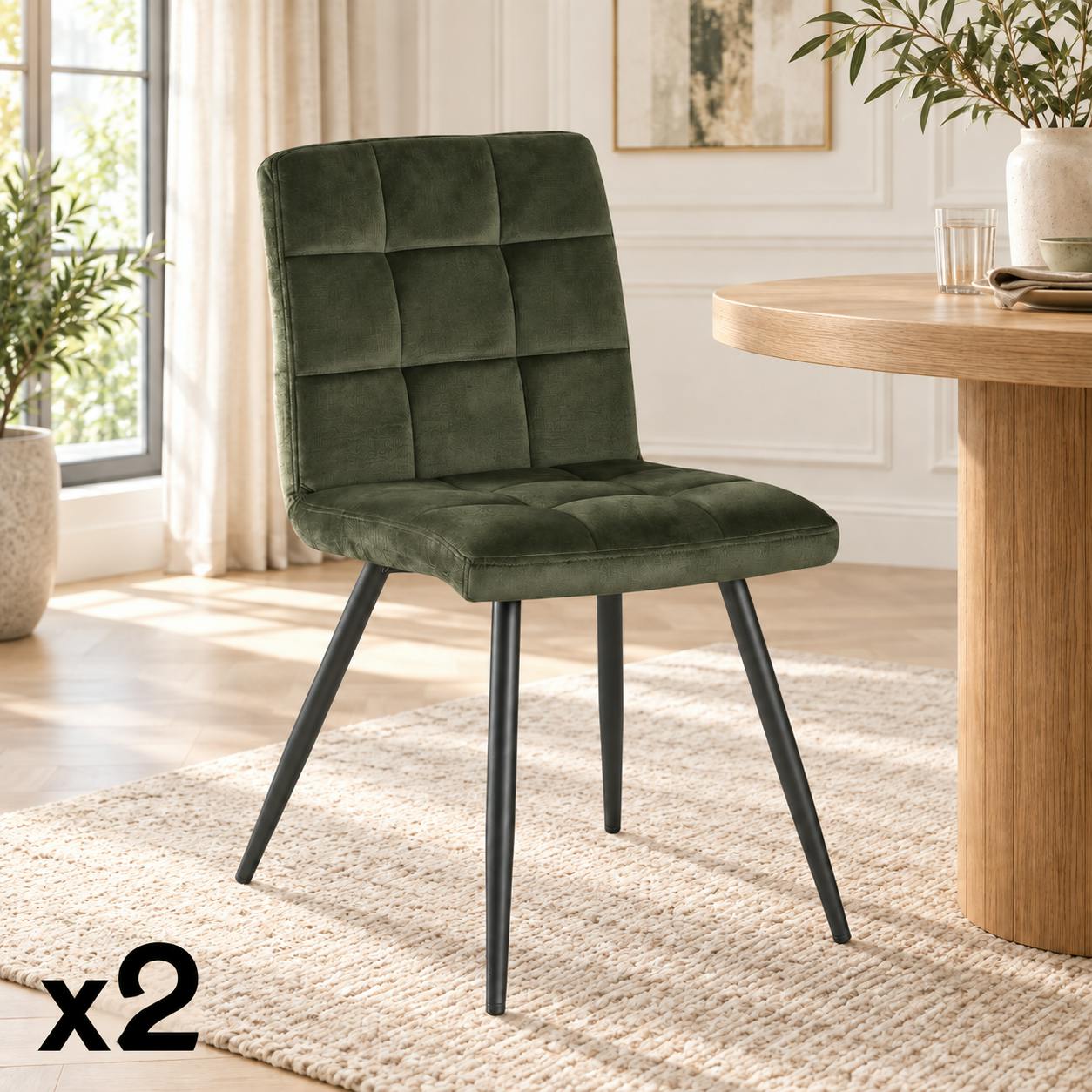 Chaise en velours capitonné kaki MALMOE (lot de 2)