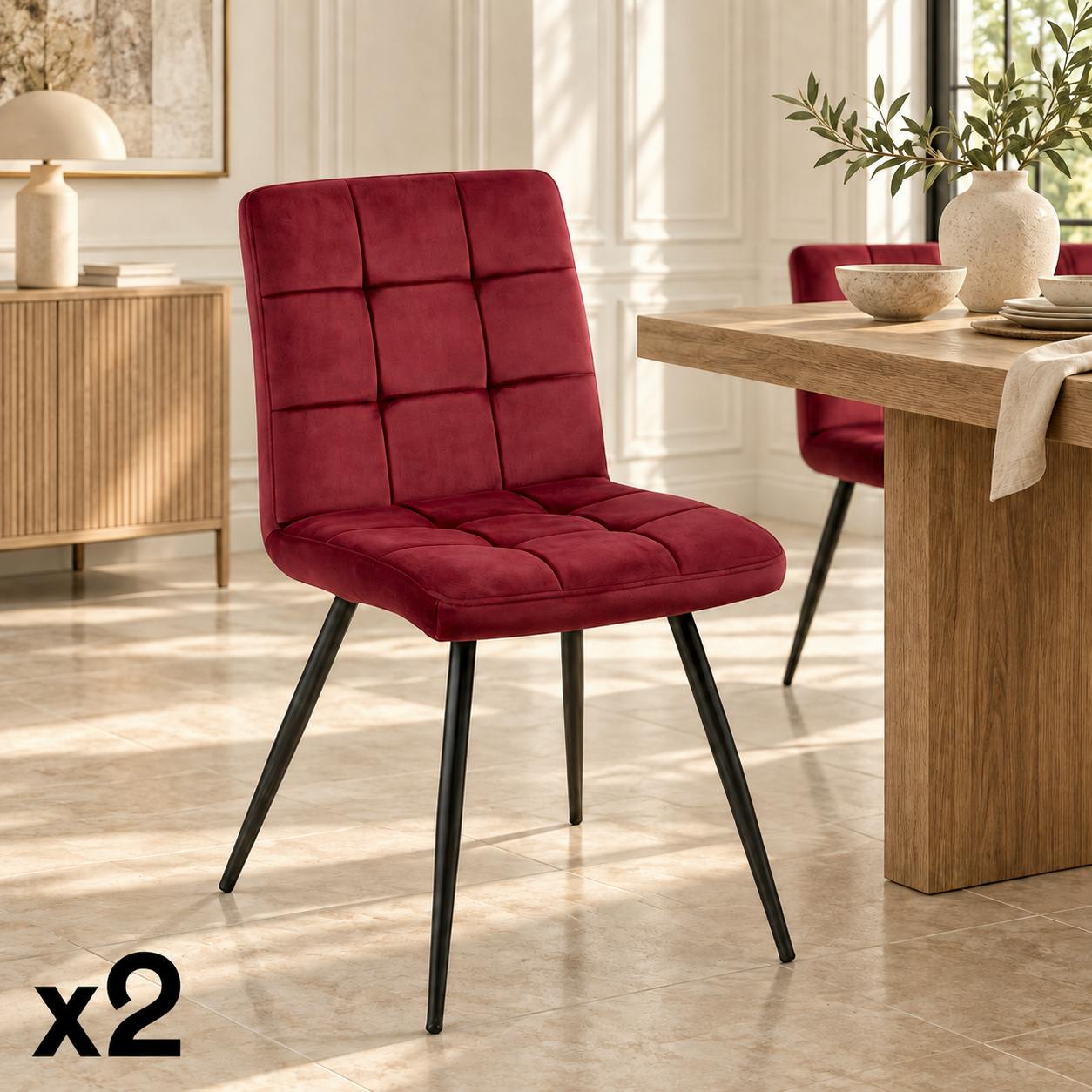 Chaise en velours capitonné rouge bordeaux MALMOE (lot de 2)