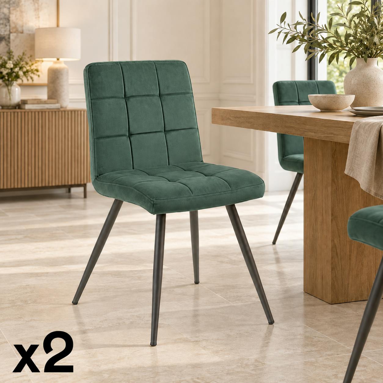 Chaise en velours capitonné vert MALMOE (lot de 2)