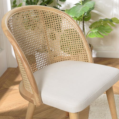 Chaise exotique dossier rond cannage assise tissu blanc TIM