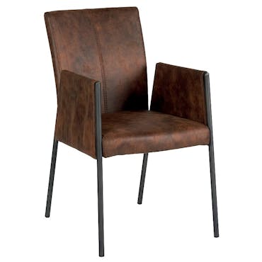  Chaise fauteuil avec accoudoirs tissu microfibres havane et pieds métal noir 52x65x86cm