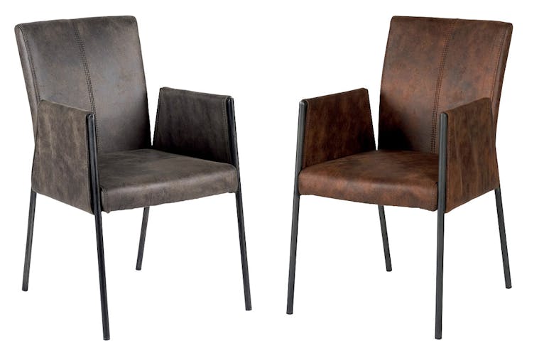 Chaise fauteuil avec accoudoirs tissu microfibres havane et pieds métal noir 52x65x86cm