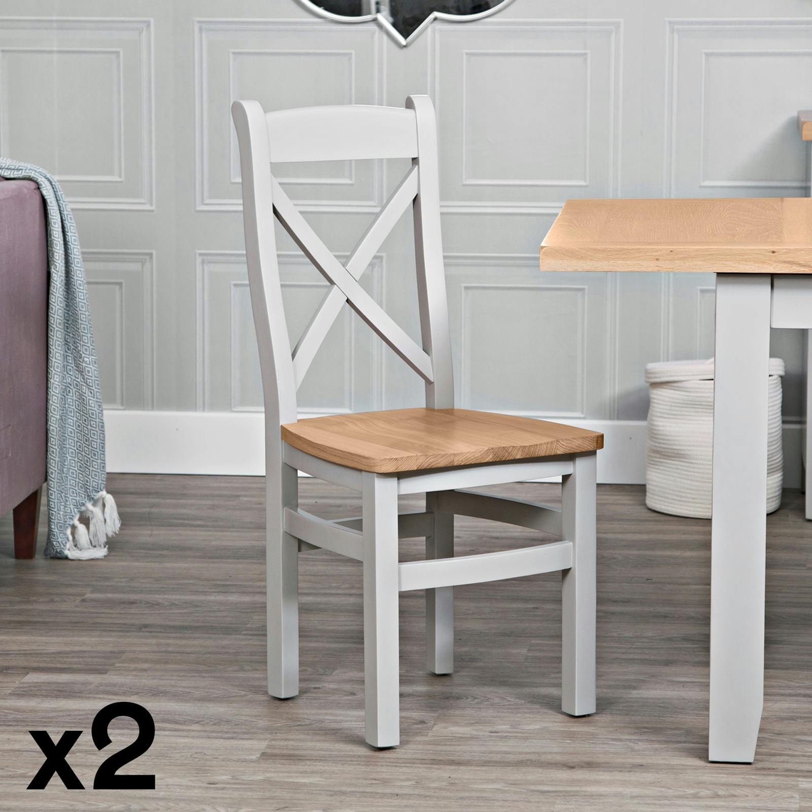 Chaise grise assise bois dossier croisé en chêne (lot de 2) PAROS