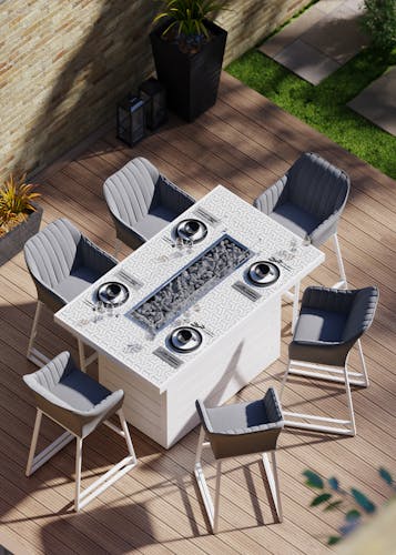Chaise haute jardin en aluminium blanc avec accoudoirs tissu gris MAJORQUE