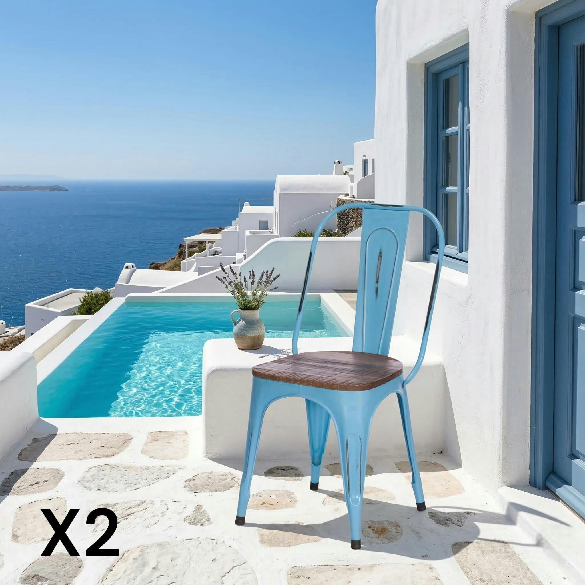 Chaise industrielle métal bleu bois recyclé LEEDS (lot de 2)
