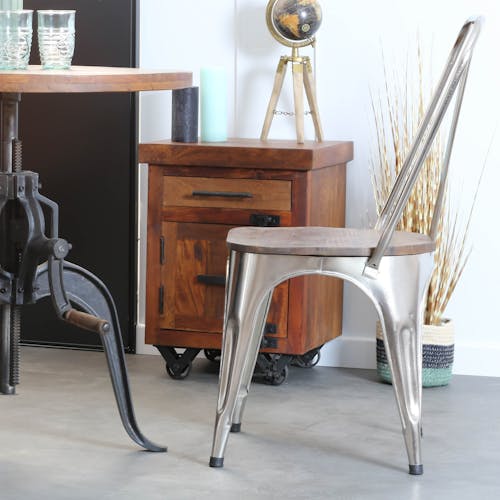 Chaise style bistrot en metal chrome vieilli et bois recylce