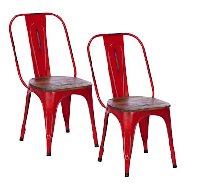 Chaise style bistrot en metal rouge vieilli et bois recylce