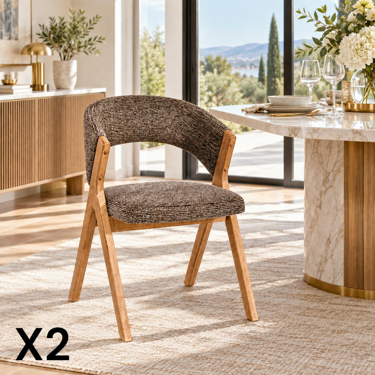 Chaise marron bois et tissu, forme ronde (lot de 2) AGADE