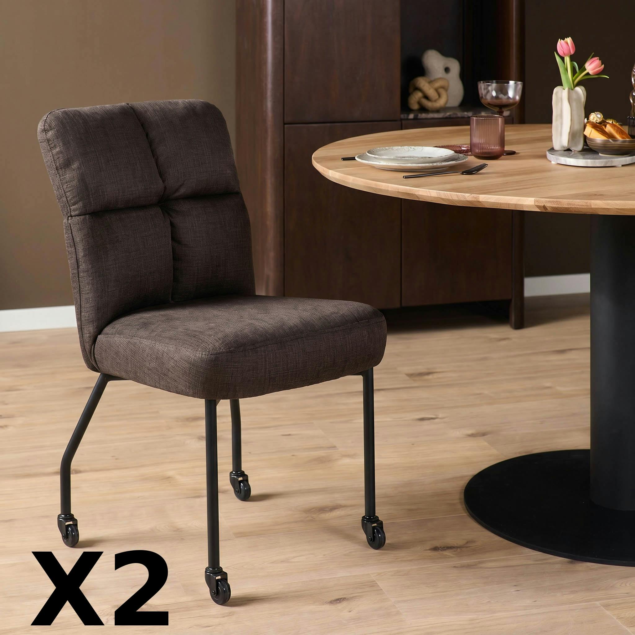 Chaise marron tissu damier et roulettes (x2) KASO