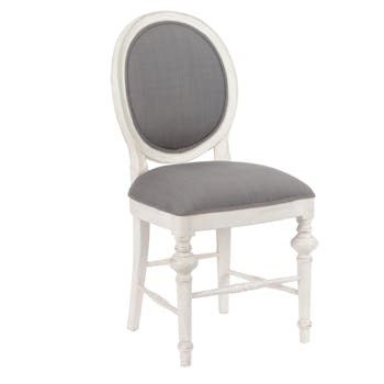 Chaise Médaillon Baroque HERITAGE bois blanchi tissu gris 50x53x96cm AMADEUS