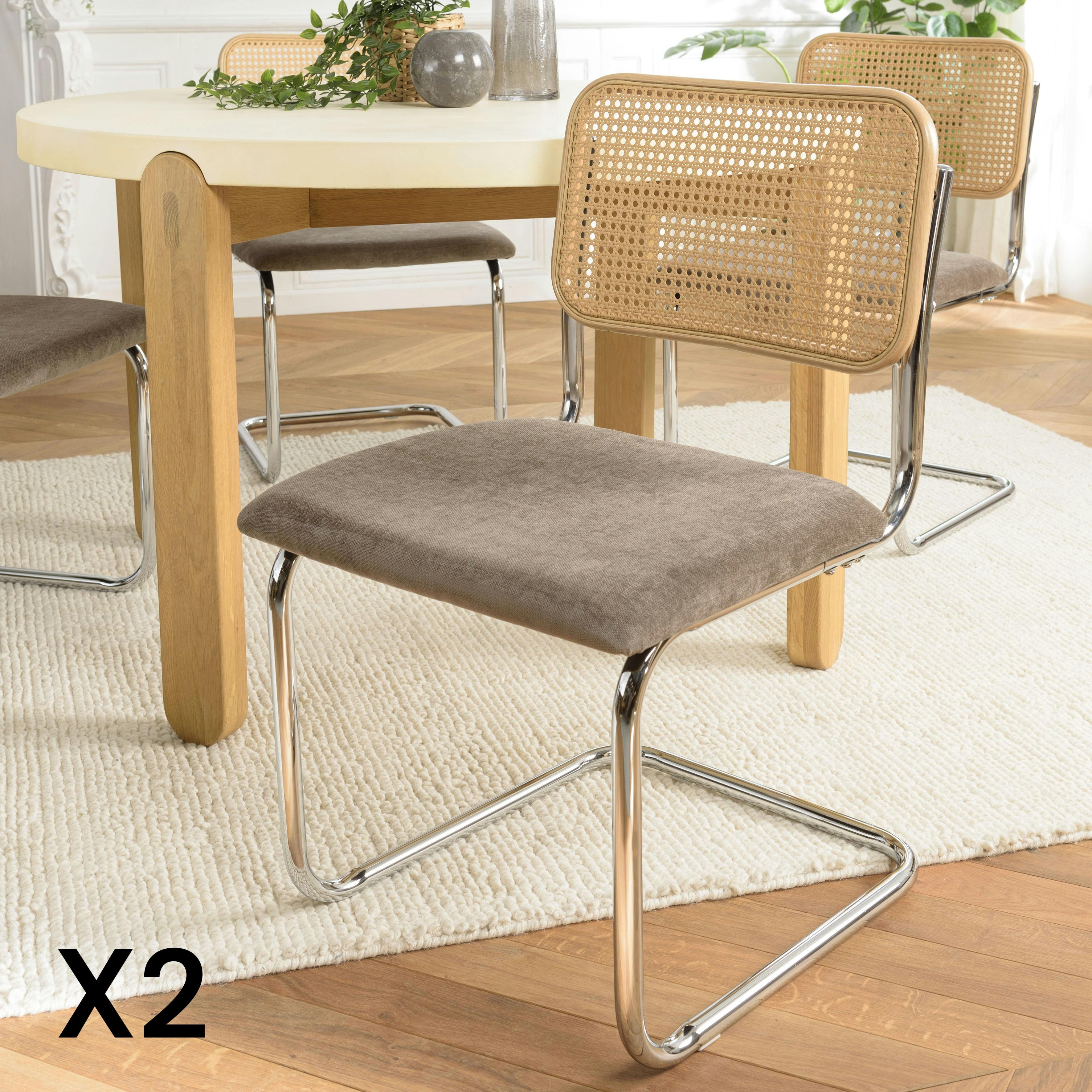 Chaise métal chromé assise velours taupe dossier rotin (lot de 2) LOANO