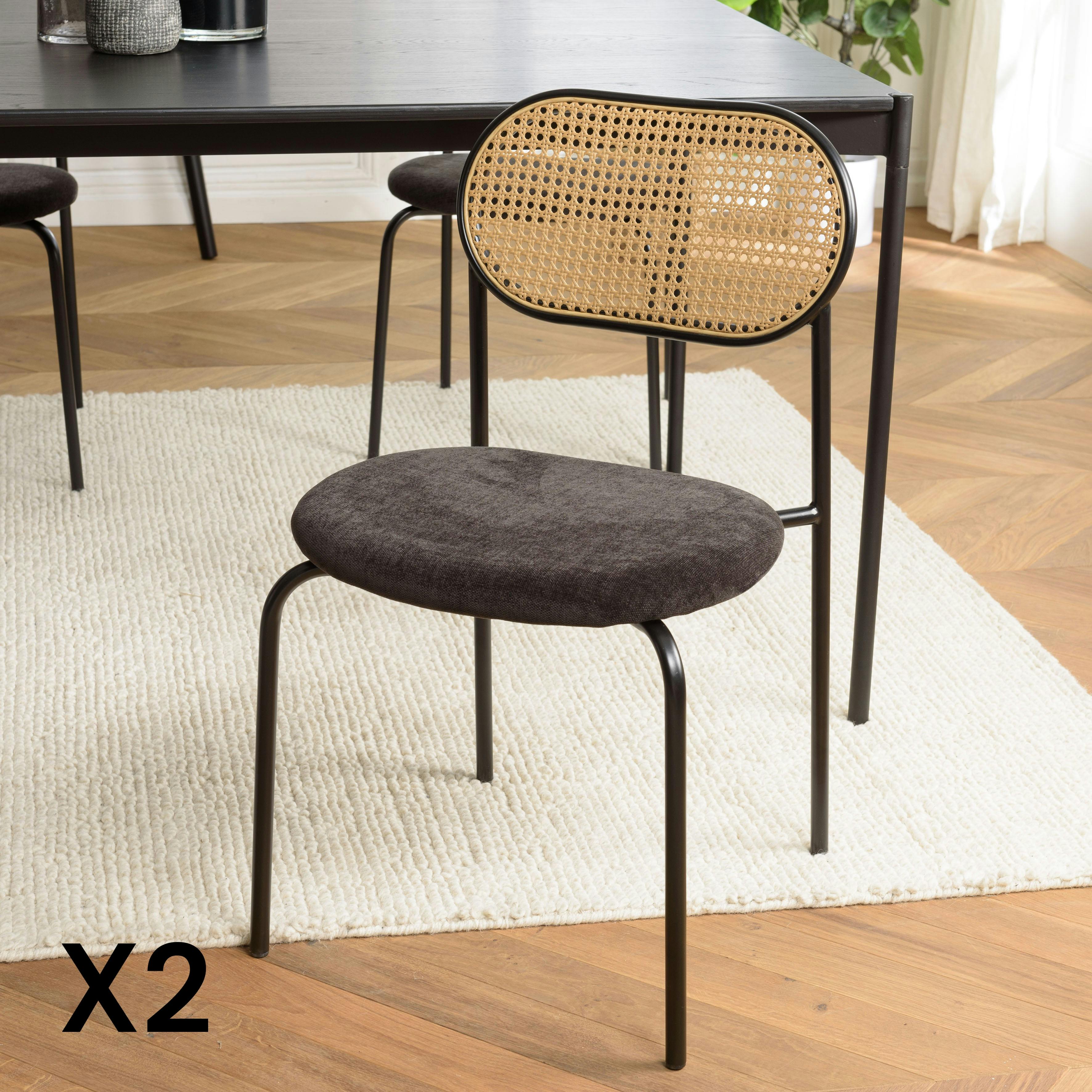Chaise métal dossier cannage ovale assise velours noir (lot de 2) LOANO