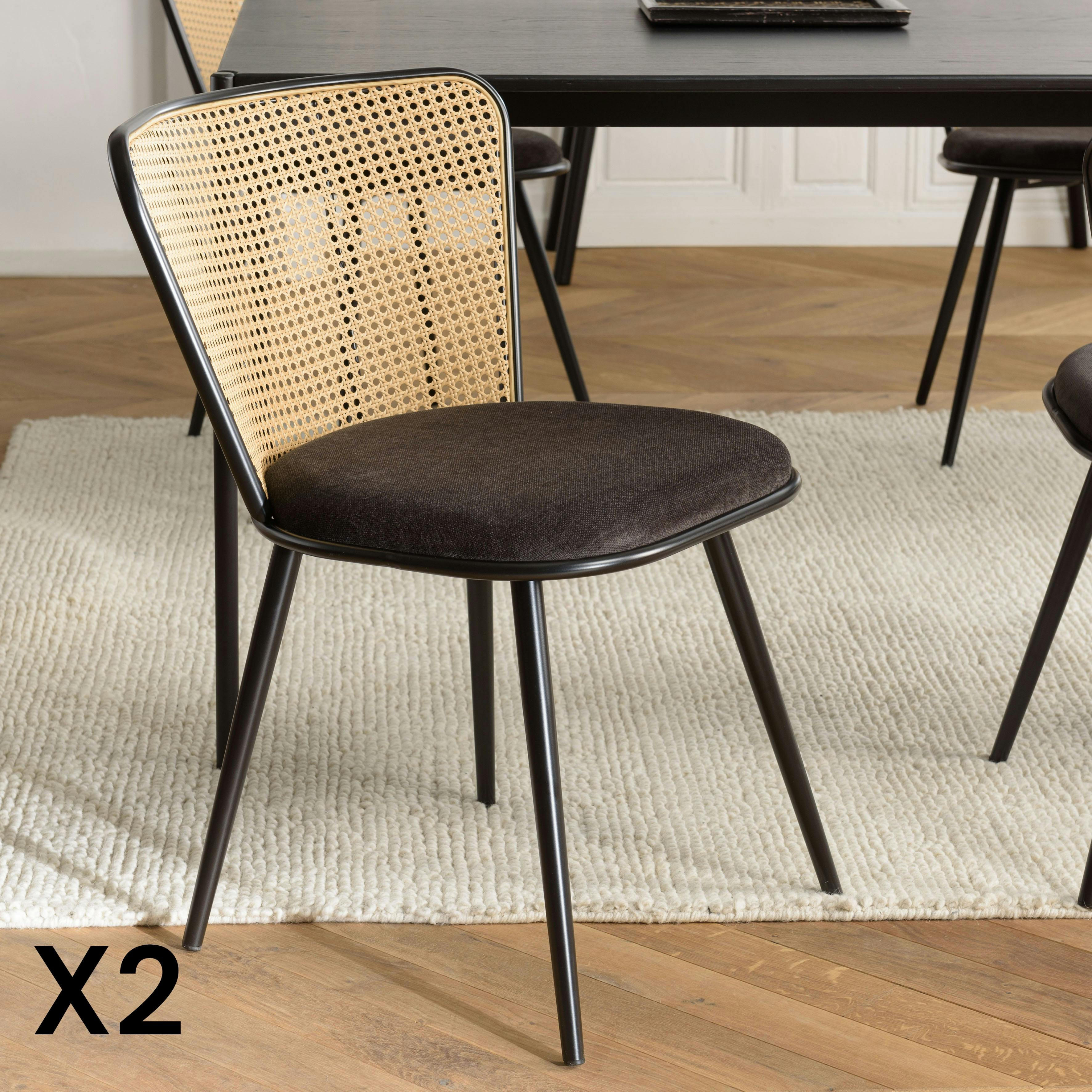 Chaise moderne dossier rotin assise velours noir (lot de 2) LOANO