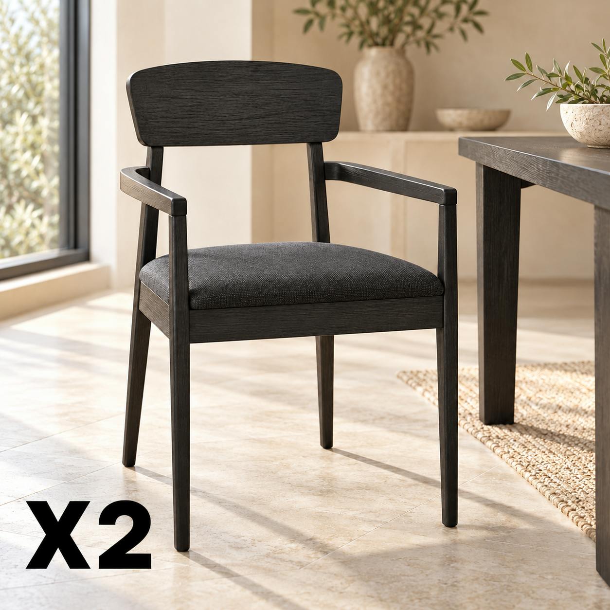 Chaise noire bois et tissu à accoudoirs (lot de 2) ORBE