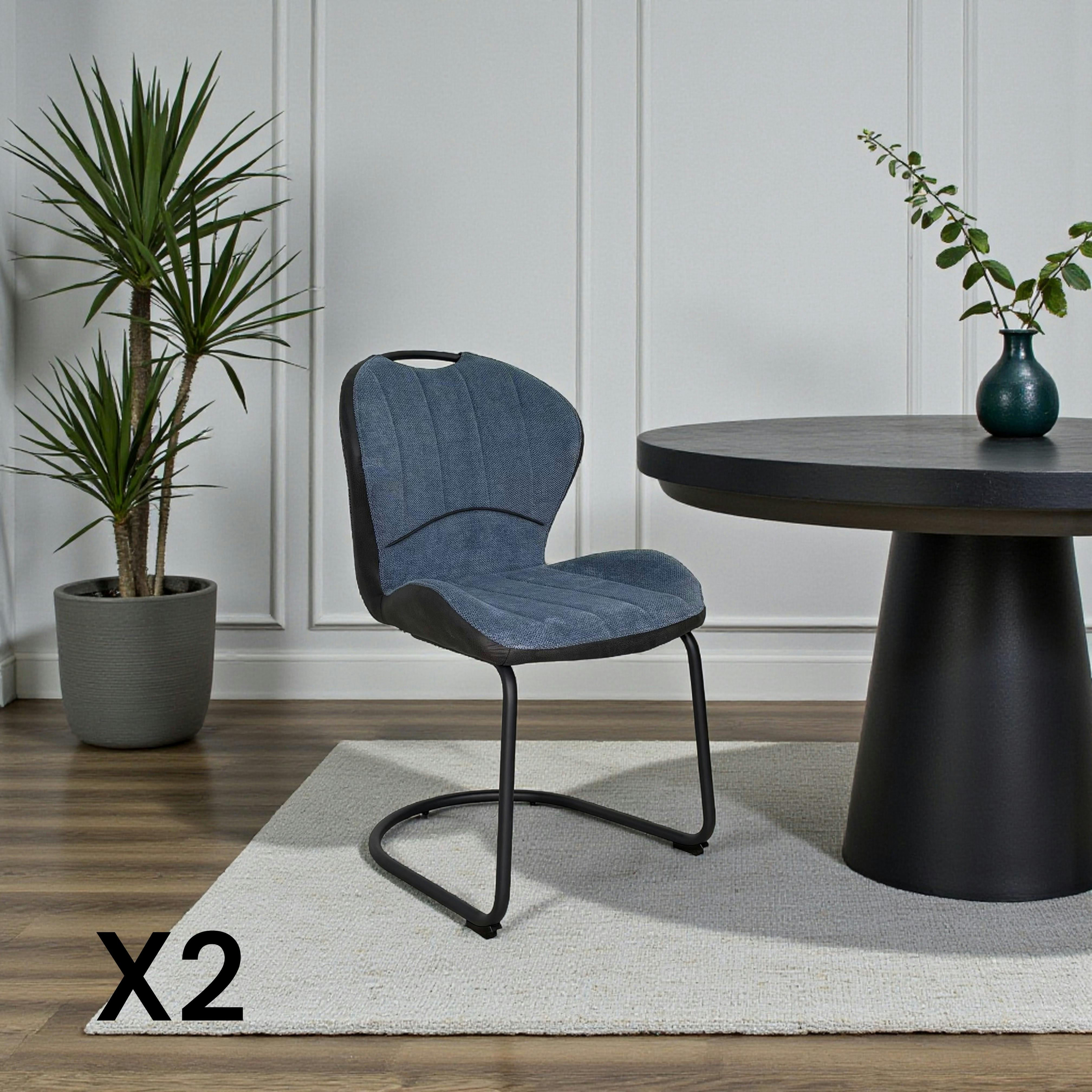 Chaise pied luge bi-matière en tissu bleu (lot de 2) LIGURIE