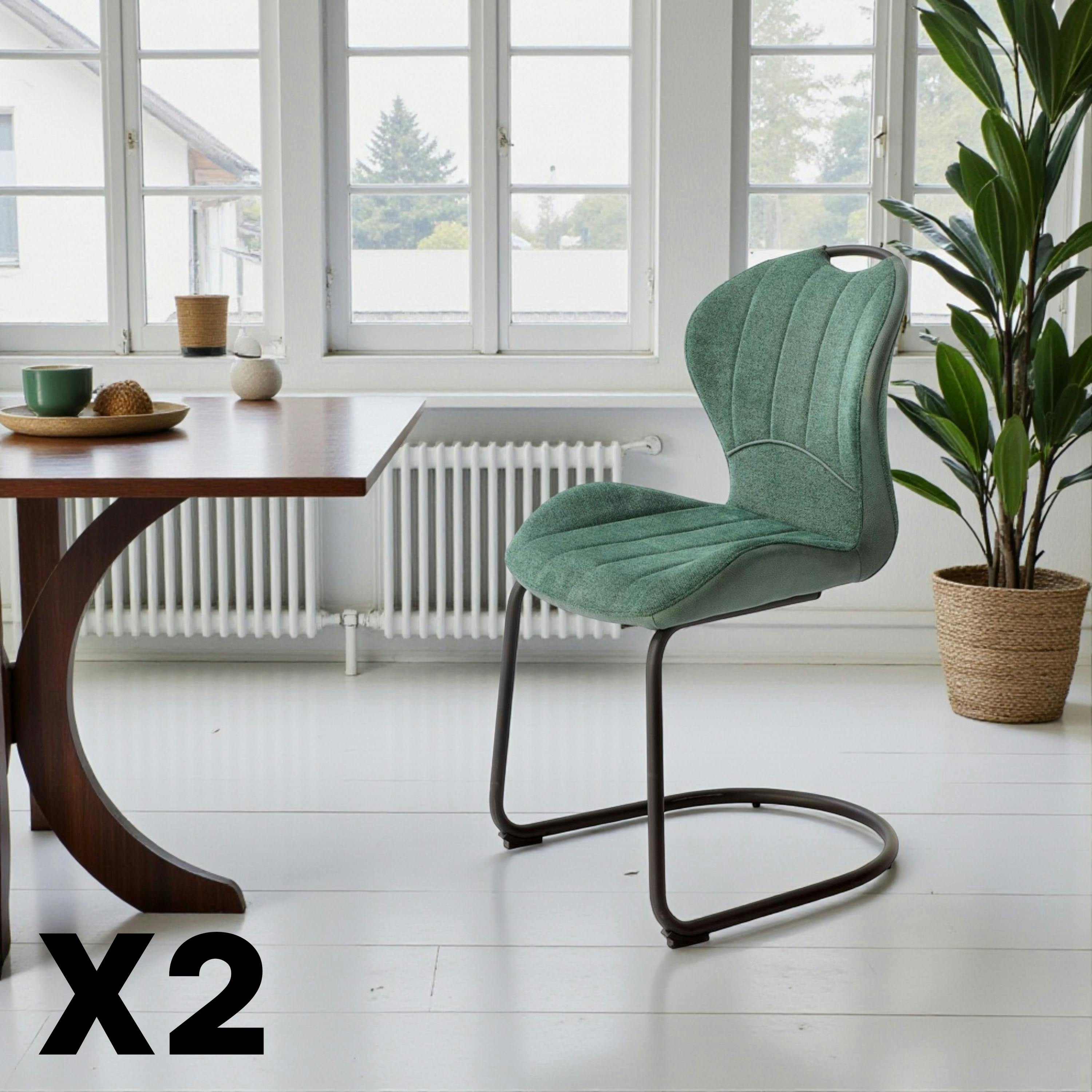 Chaise pied luge bi-matière en tissu vert (lot de 2) LIGURIE