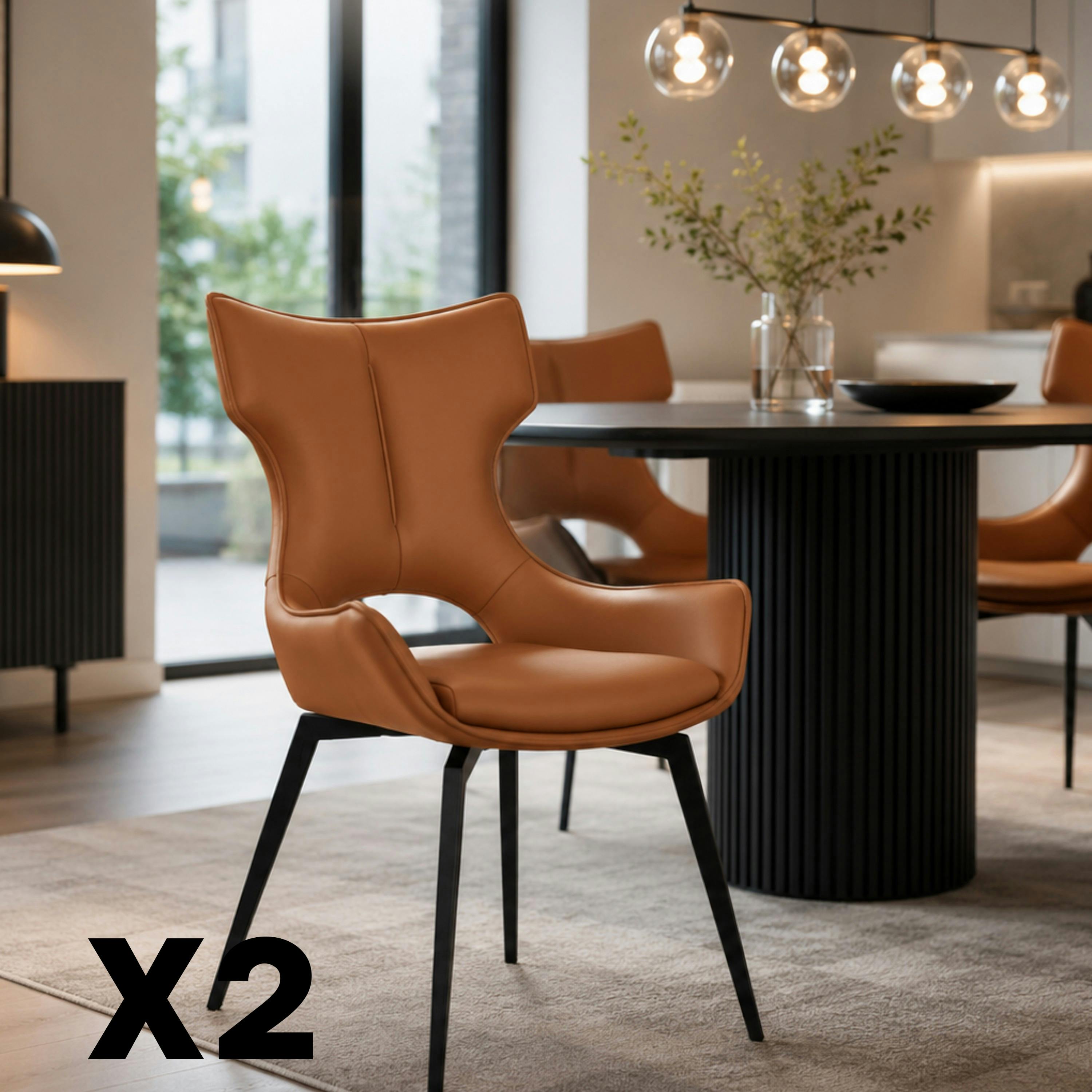 Chaise pivotante cuir cognac dossier ouvert (lot de 2) LOMBARDIE