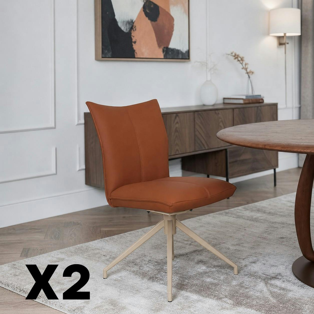 Chaise pivotante cuir cognac pied beige (lot de 2) LOMBARDIE