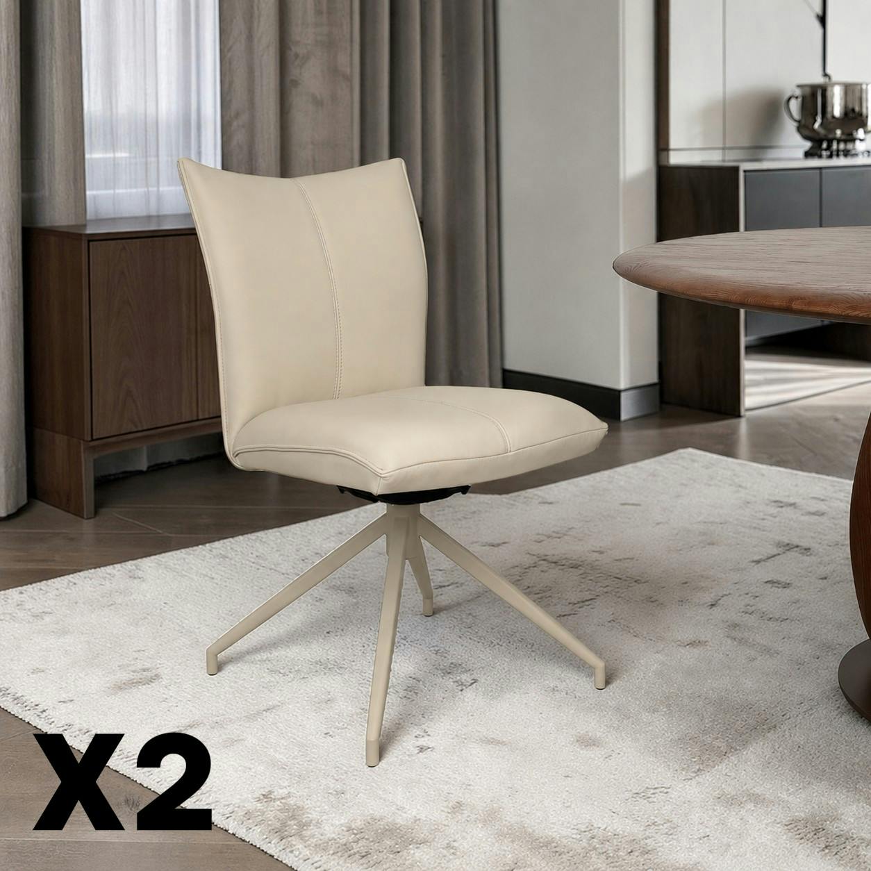 Chaise pivotante cuir ivoire pied beige (lot de 2) LOMBARDIE