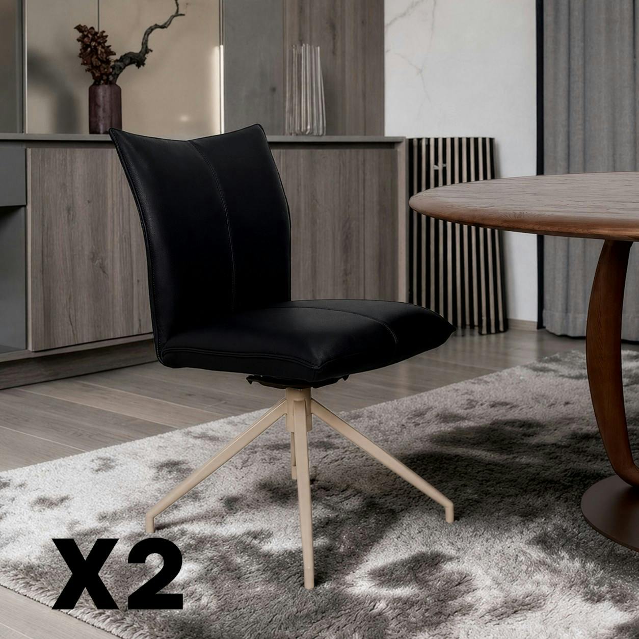 Chaise pivotante cuir noir pied beige (lot de 2) LOMBARDIE