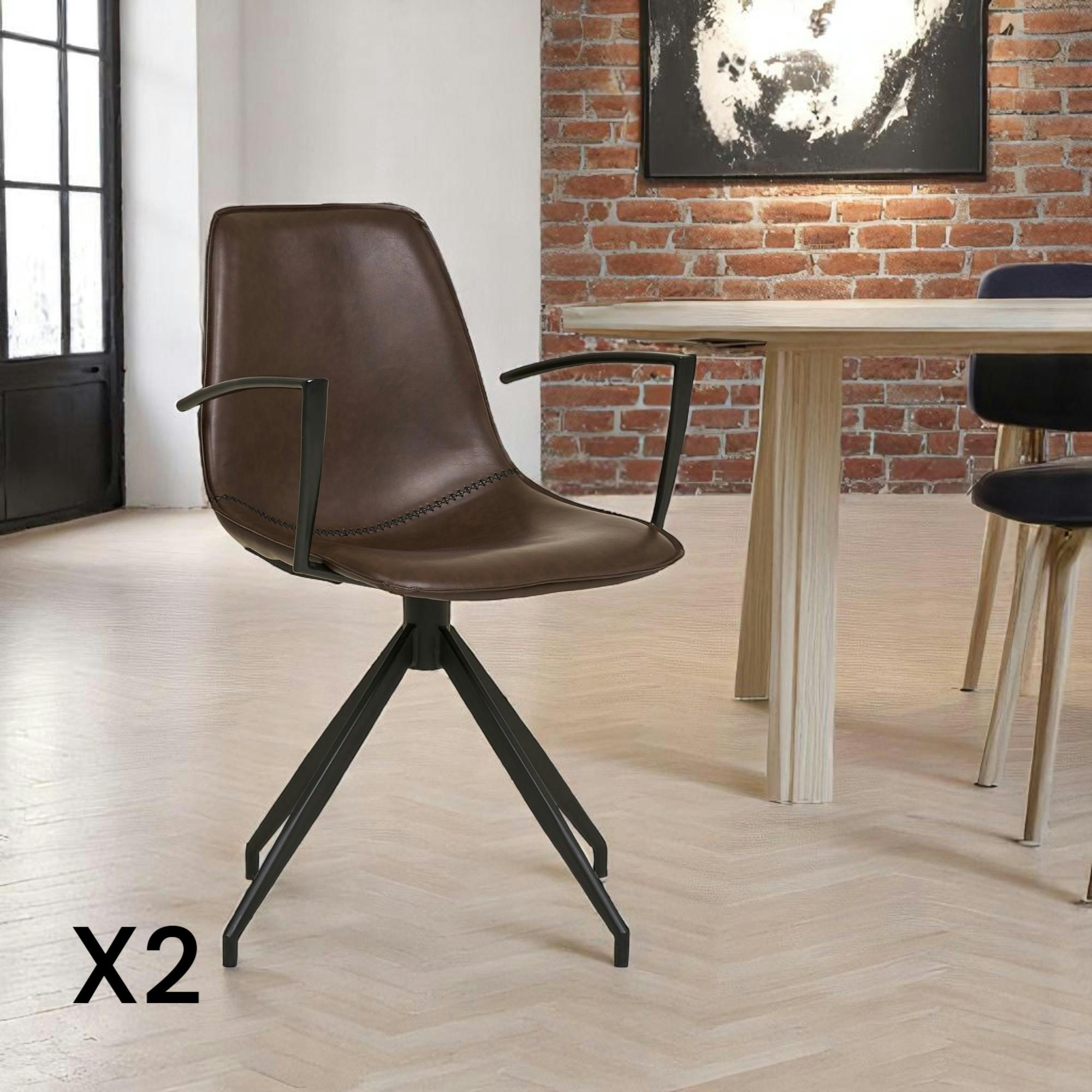 Chaise pivotante marron avec accoudoirs et motif couture (lot de 2) AMSTERDAM