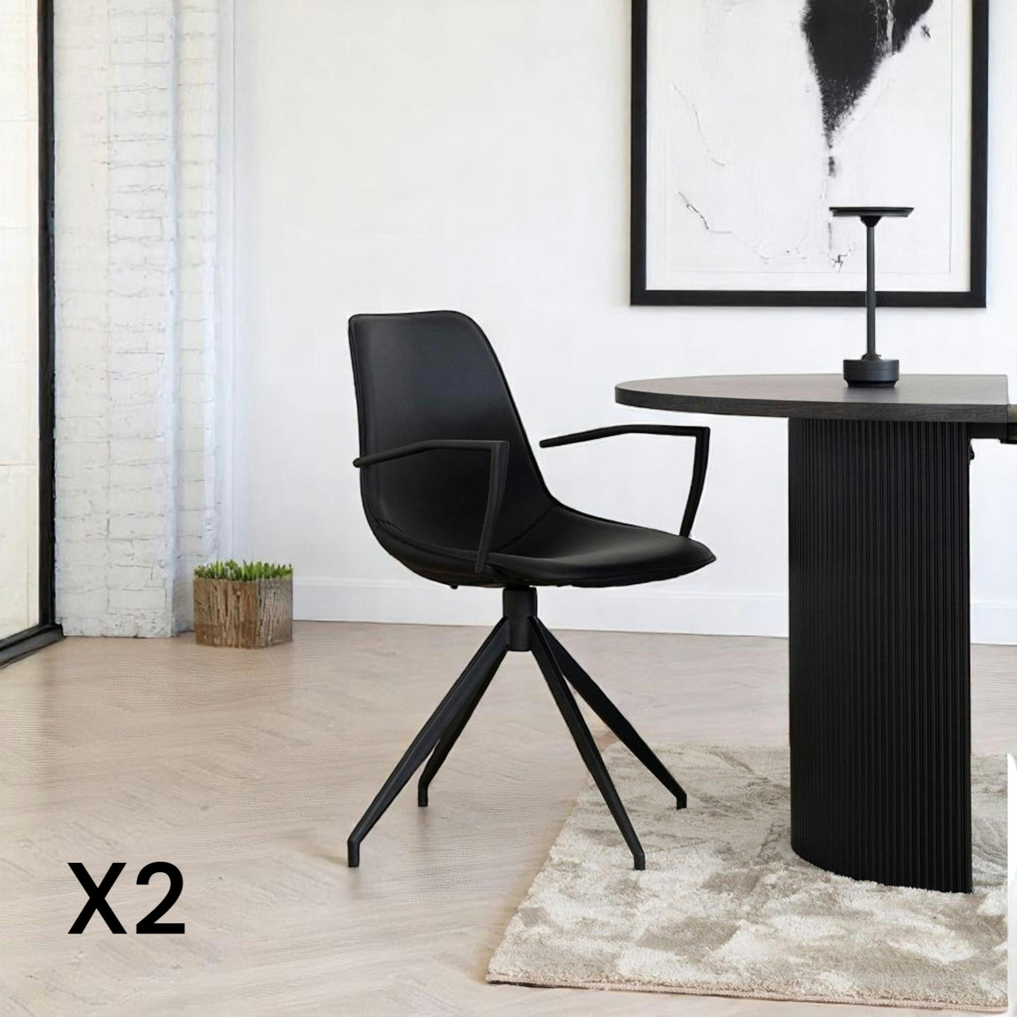 Chaise pivotante noire avec accoudoirs et motif couture (lot de 2) AMSTERDAM