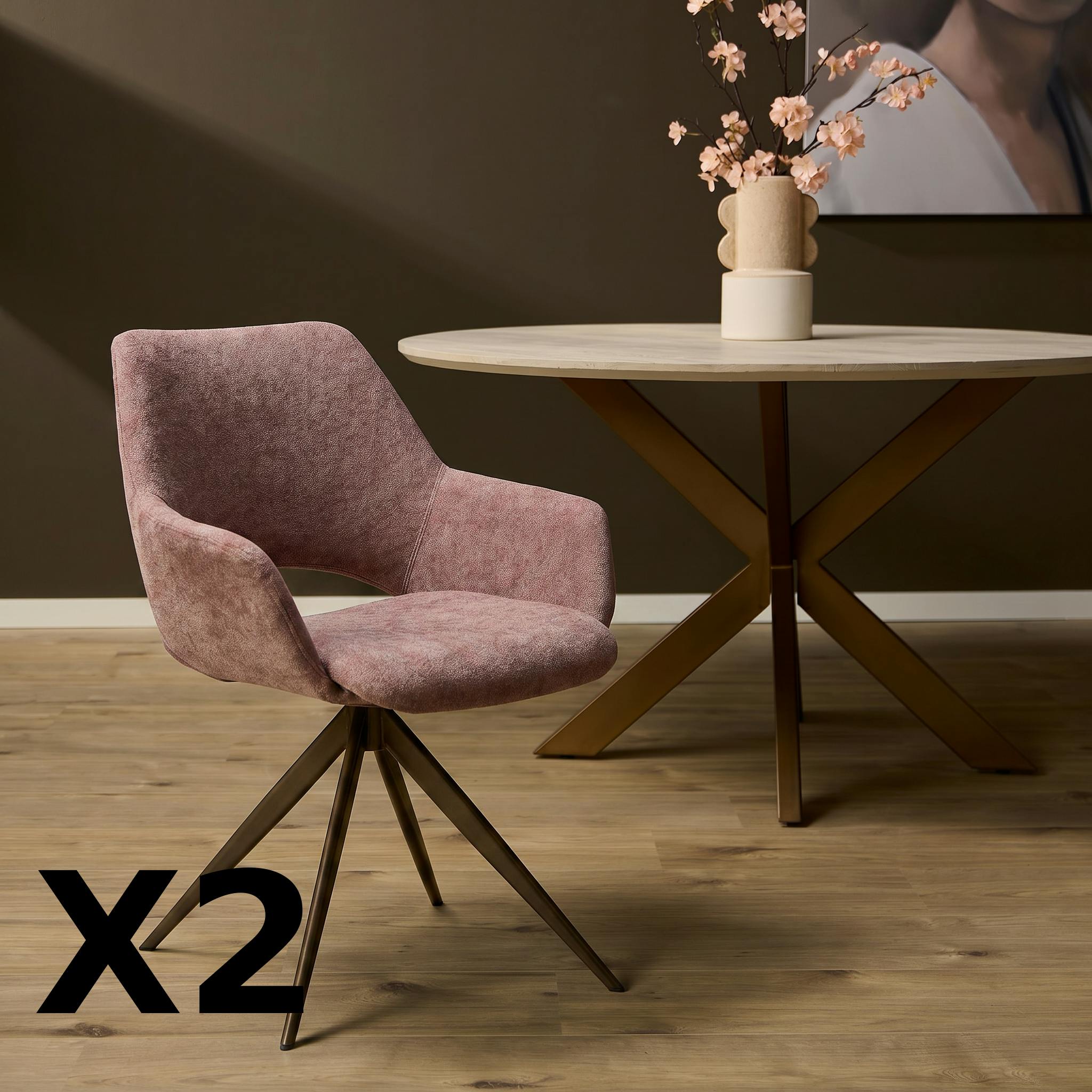 Chaise pivotante rose poudré à accoudoirs (x2) CORTINA