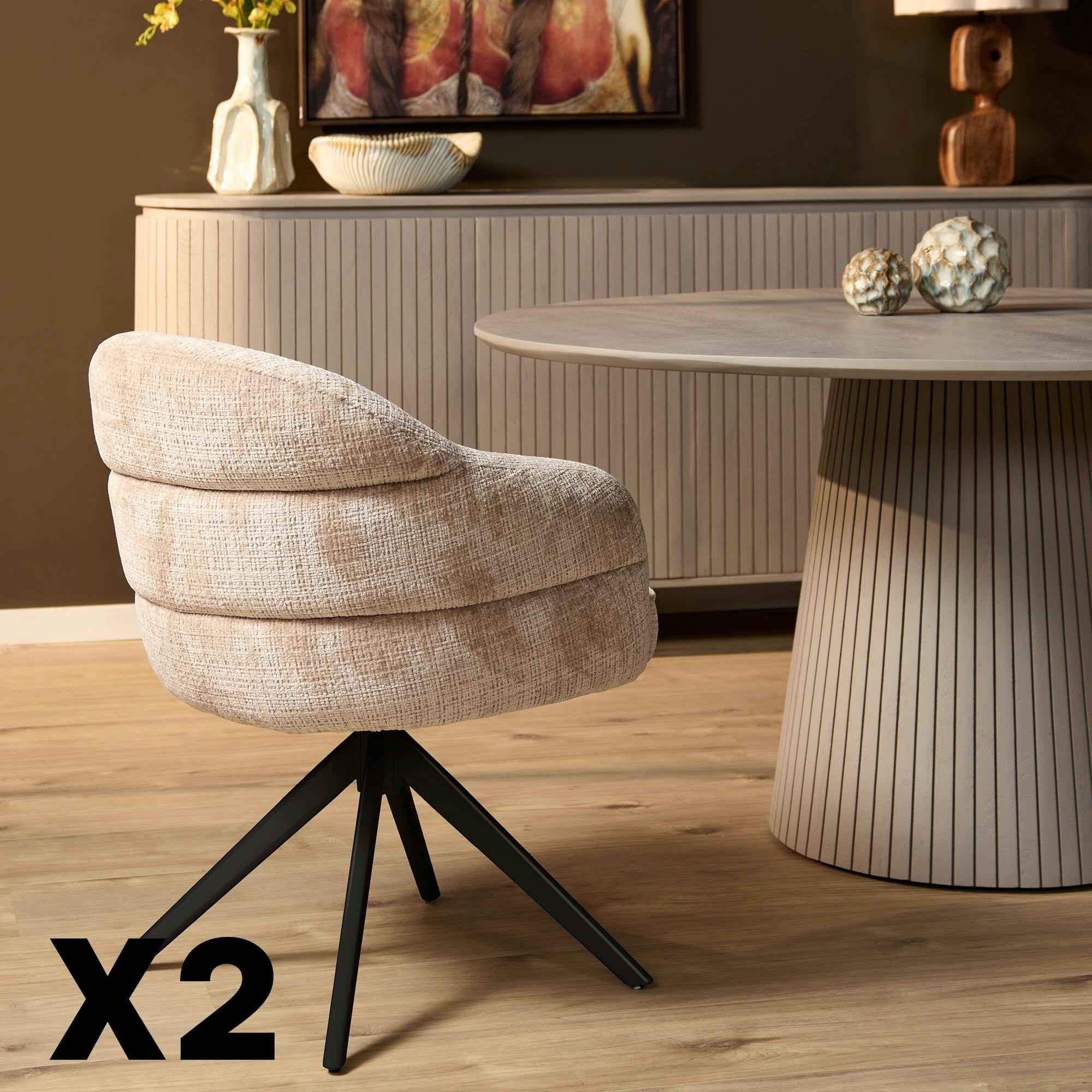 Chaise pivotante tissu beige chenille pied noir (x2) CORTINA
