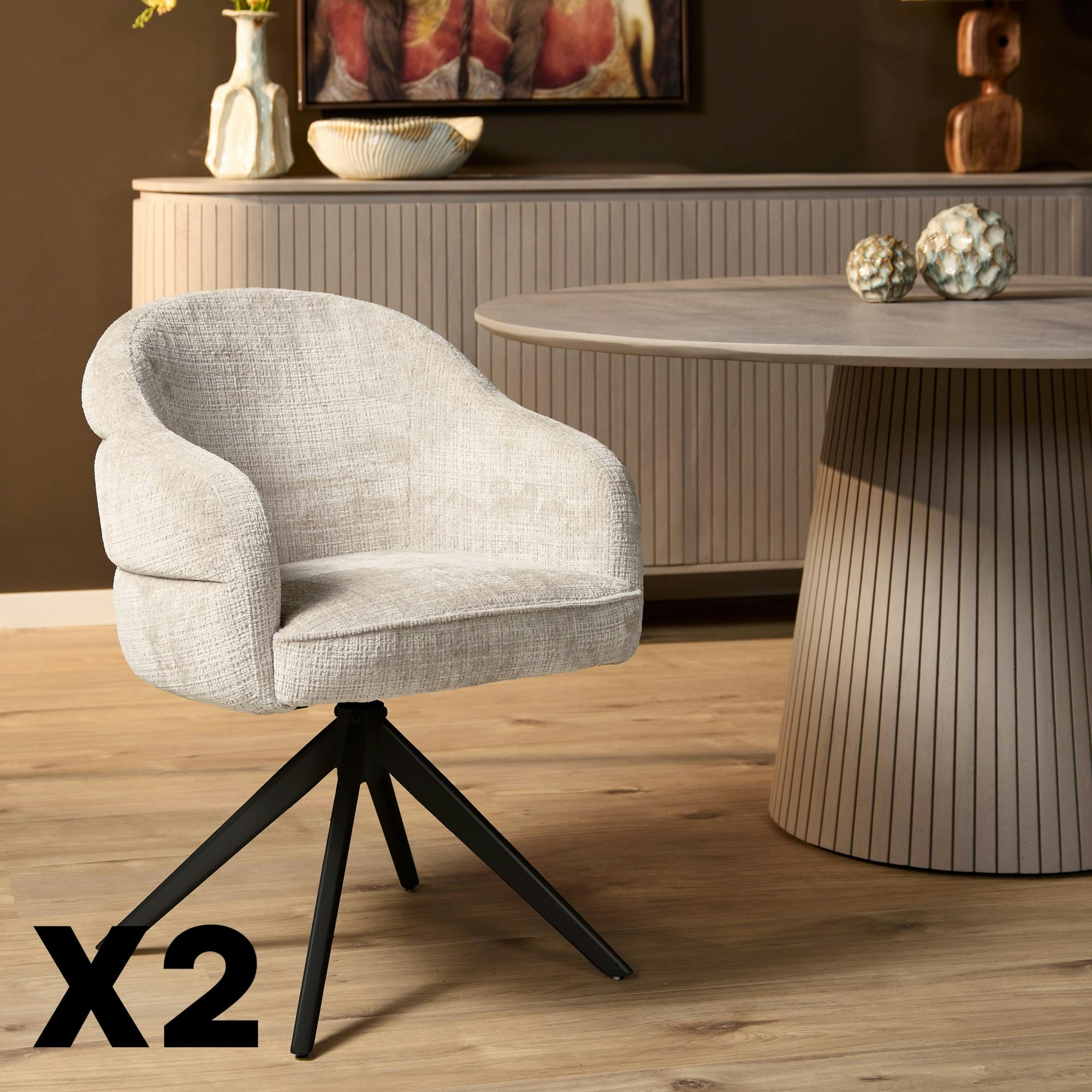 Chaise pivotante tissu blanc chenille pied noir (x2) CORTINA