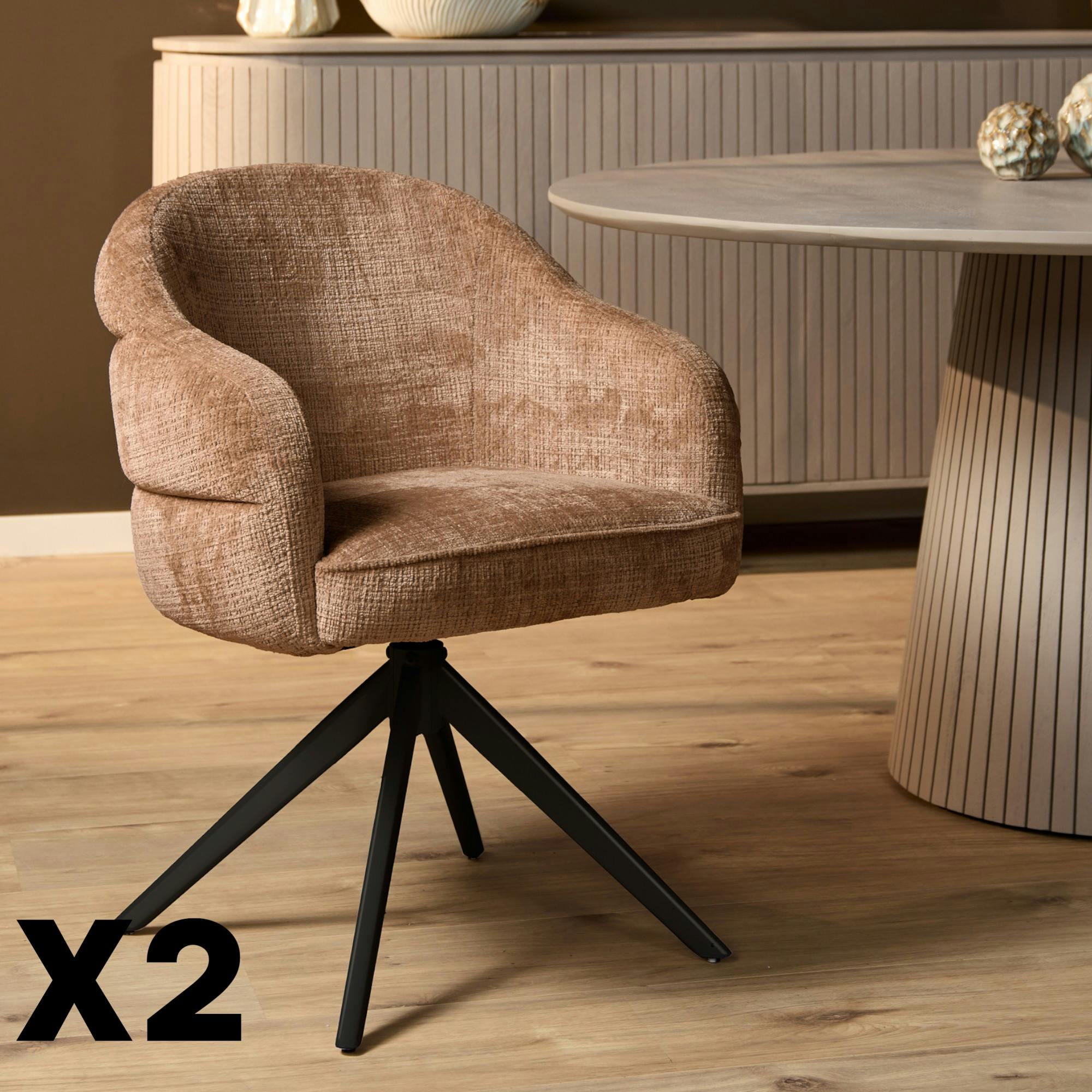 Chaise pivotante tissu cannelle chenille pied noir (x2) CORTINA