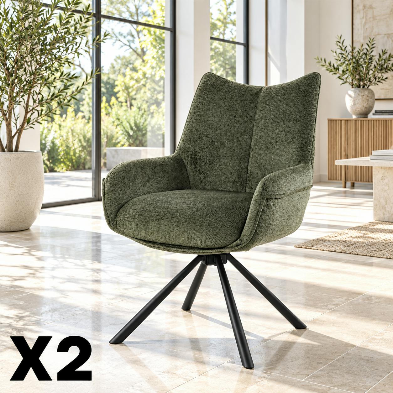 Chaise pivotante vert kaki à accoudoirs (lot de 2) IENA