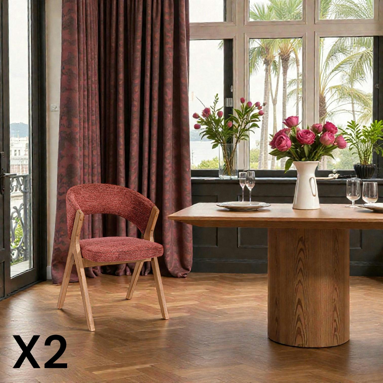 Chaise rouge bois et tissu, forme ronde (lot de 2) AGADE