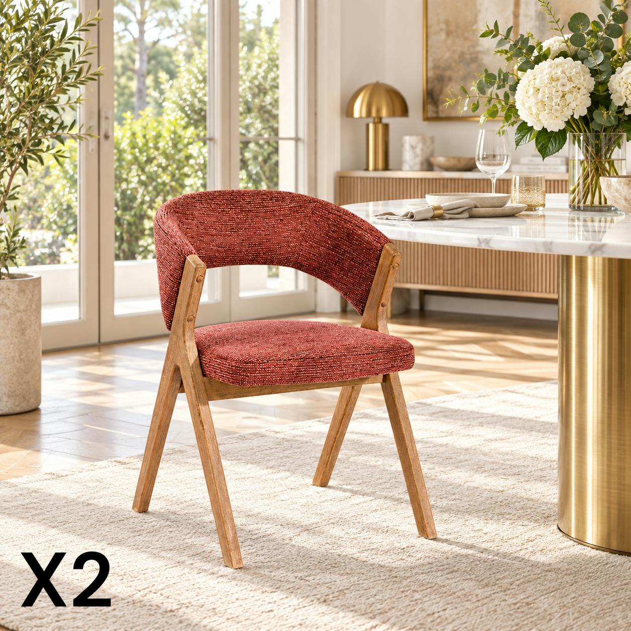 Chaise rouge bois et tissu, forme ronde (lot de 2) AGADE