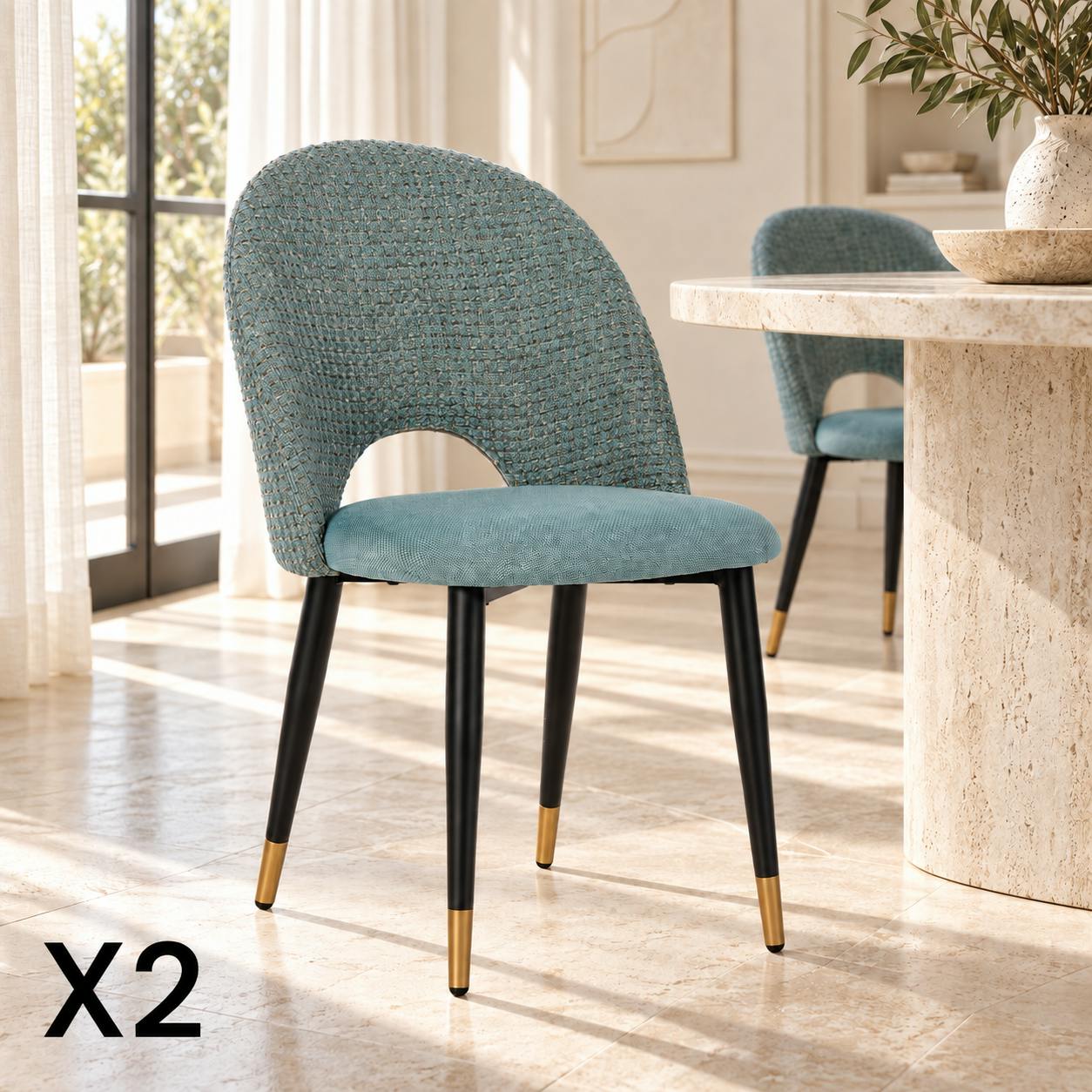 Chaise salle à manger tissu quadrillé bleu clair (lot de 2) MALMOE