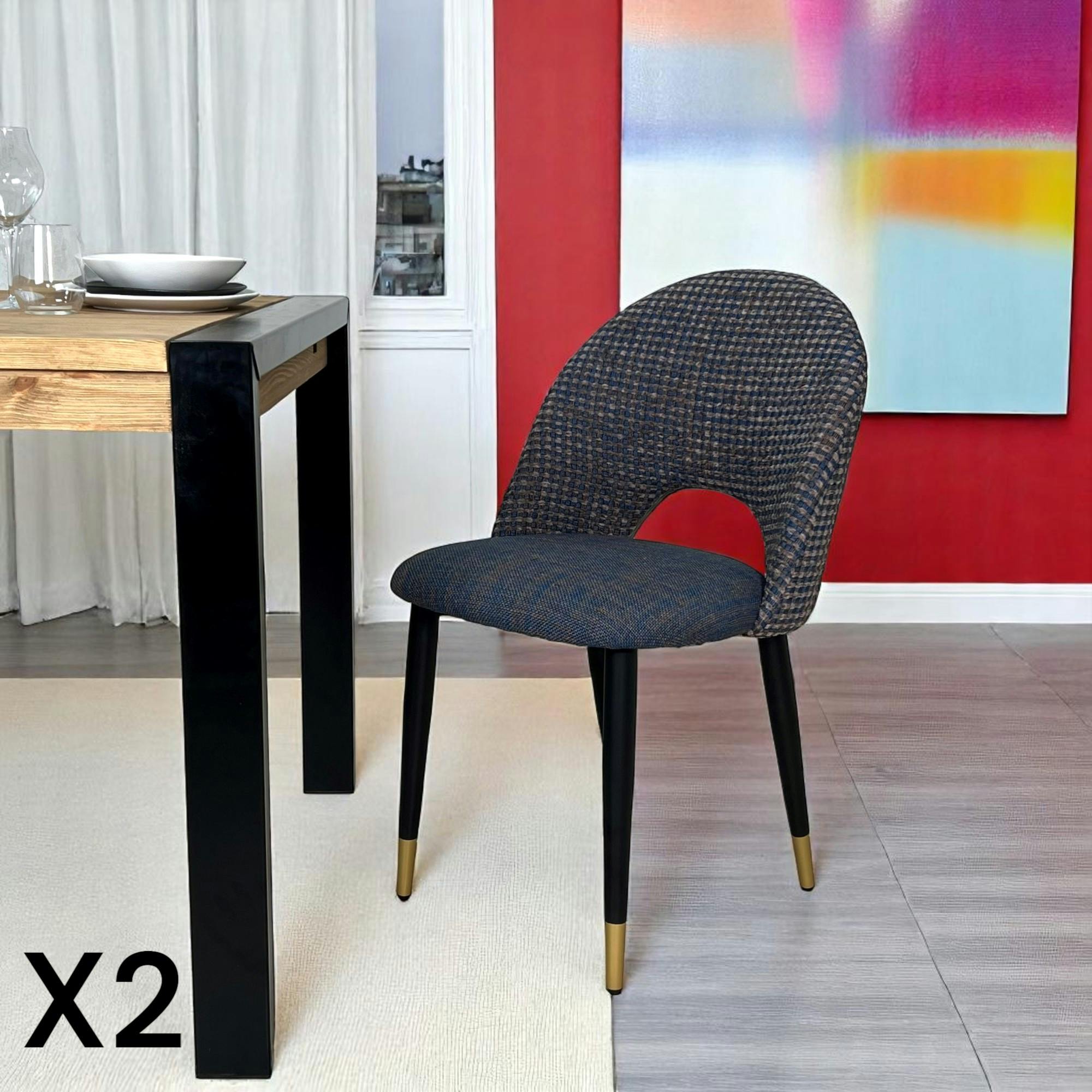 Chaise salle à manger tissu quadrillé bleu foncé (lot de 2) MALMOE