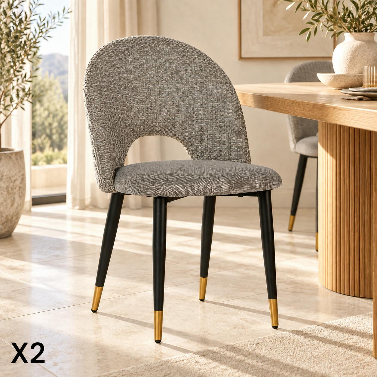 Chaise salle à manger tissu quadrillé gris (lot de 2) MALMOE