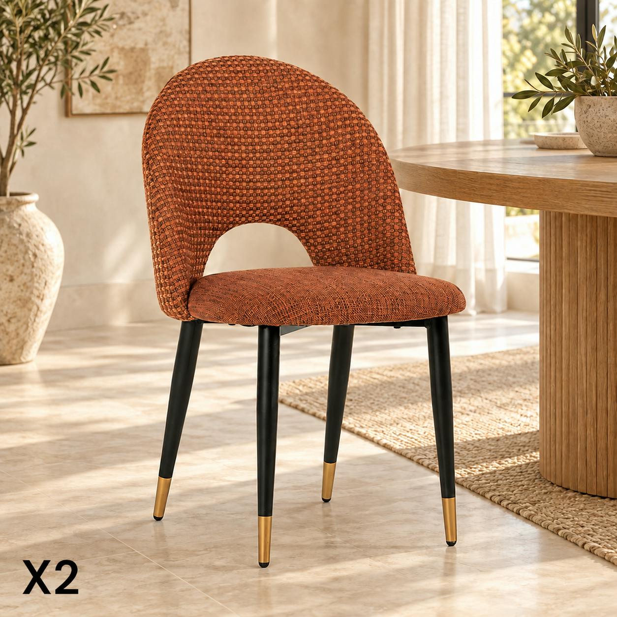Chaise salle à manger tissu quadrillé rouille (lot de 2) MALMOE