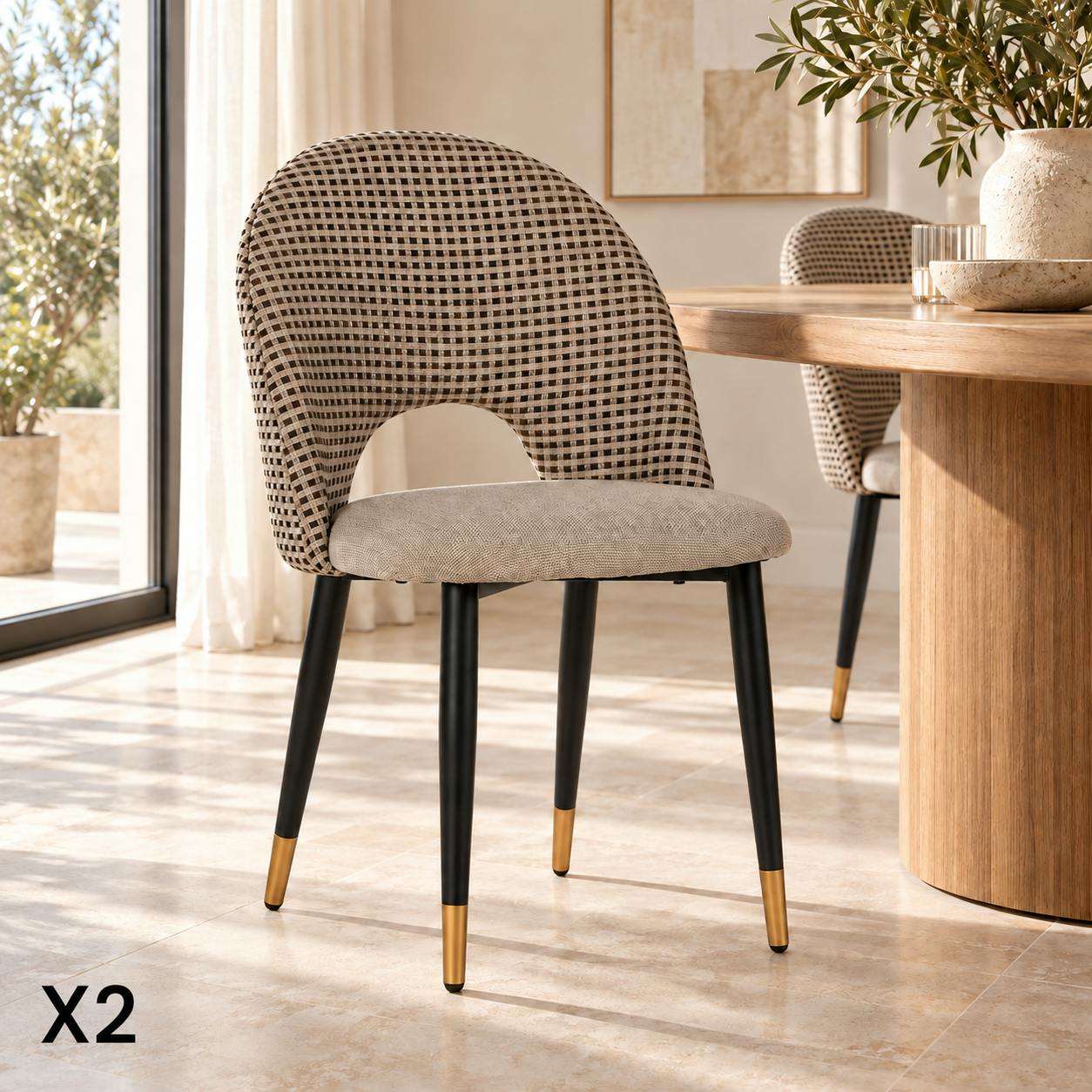 Chaise salle à manger tissu quadrillé taupe (lot de 2) MALMOE