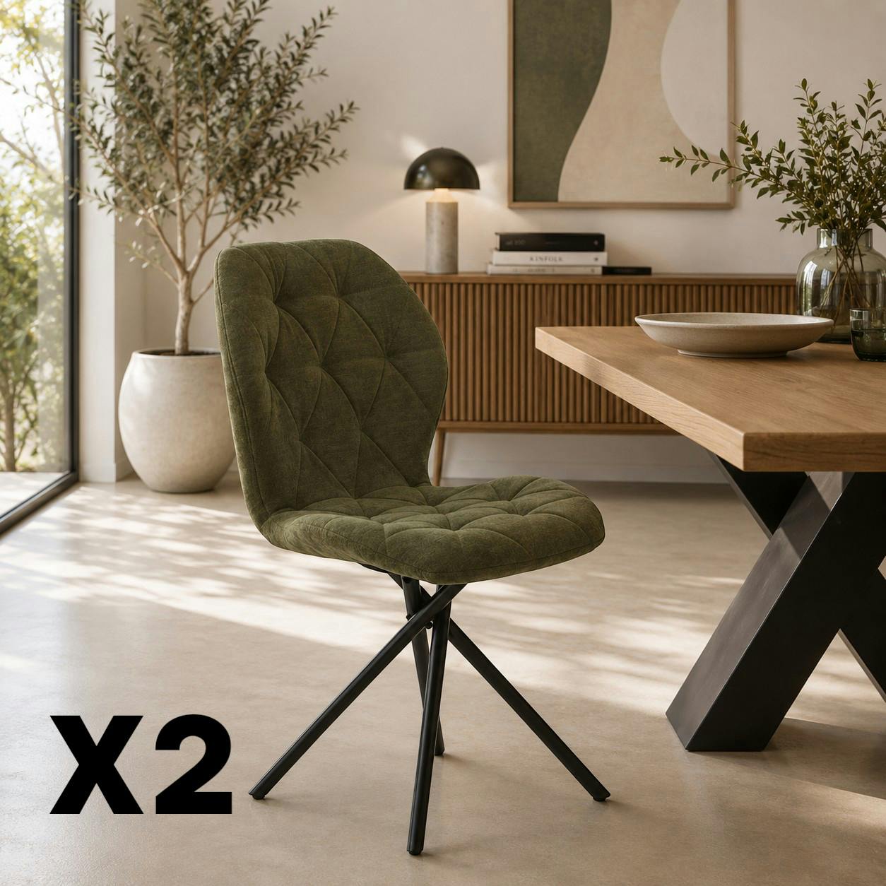 Chaise salle à manger verte à pieds croisés (x2) LUGANO