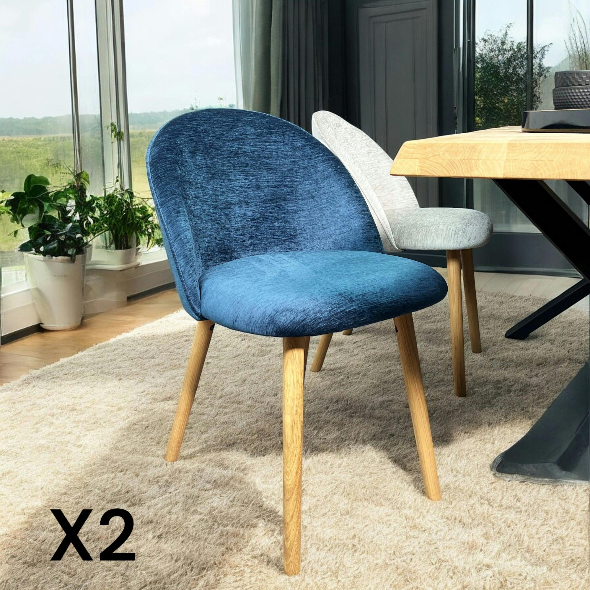 Chaise scandinave en bois et velours bleu (lot de 2) ETNA