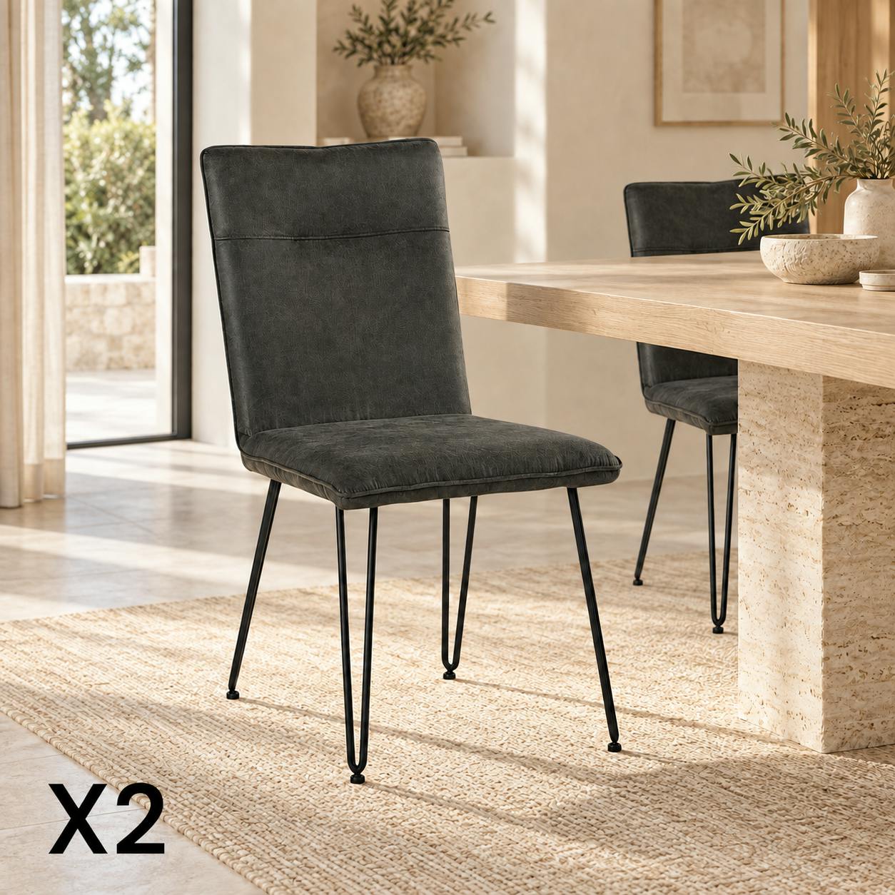 Chaise en tissu gris pieds metal epingle de style contemporain