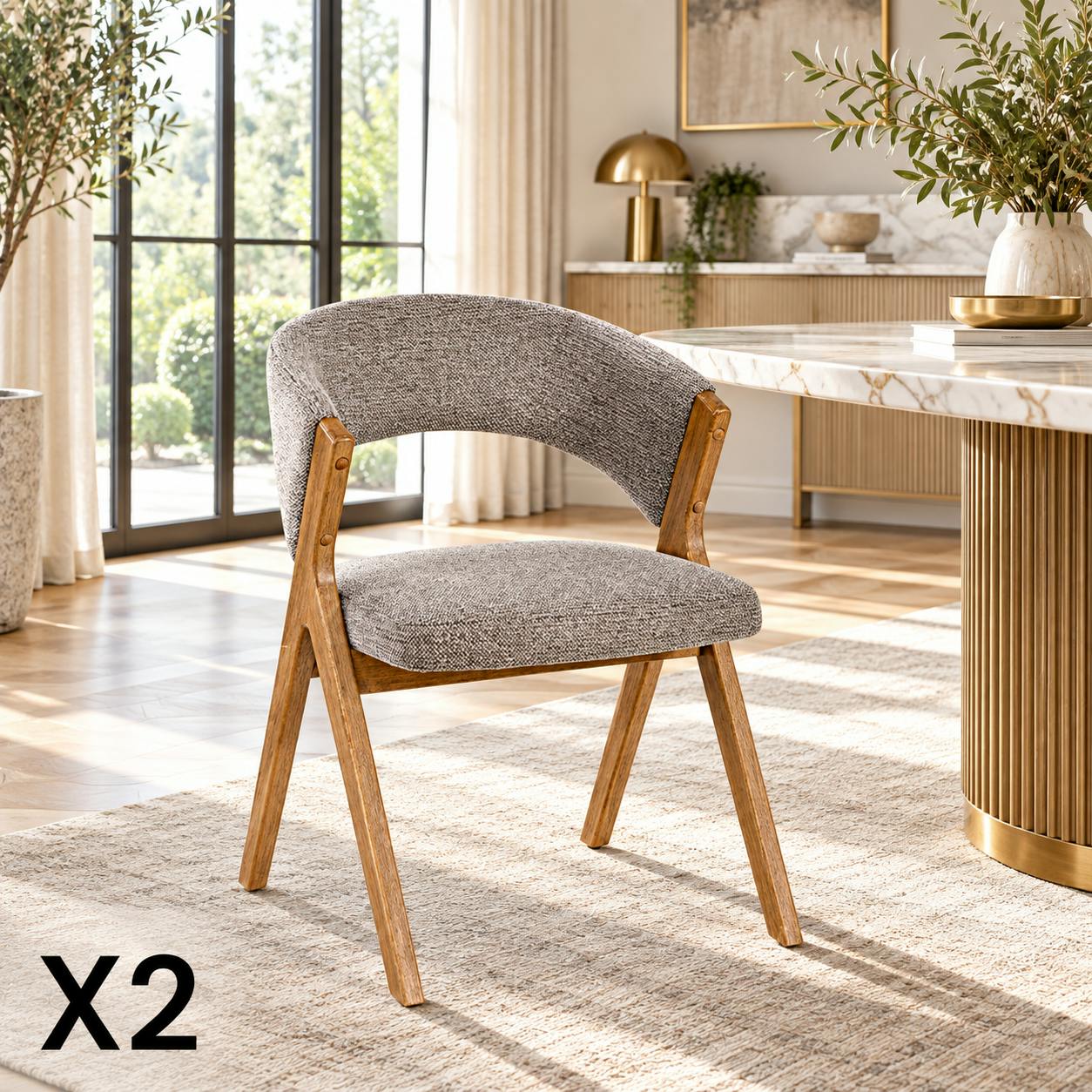 Chaise taupe bois et tissu, forme ronde (lot de 2) AGADE