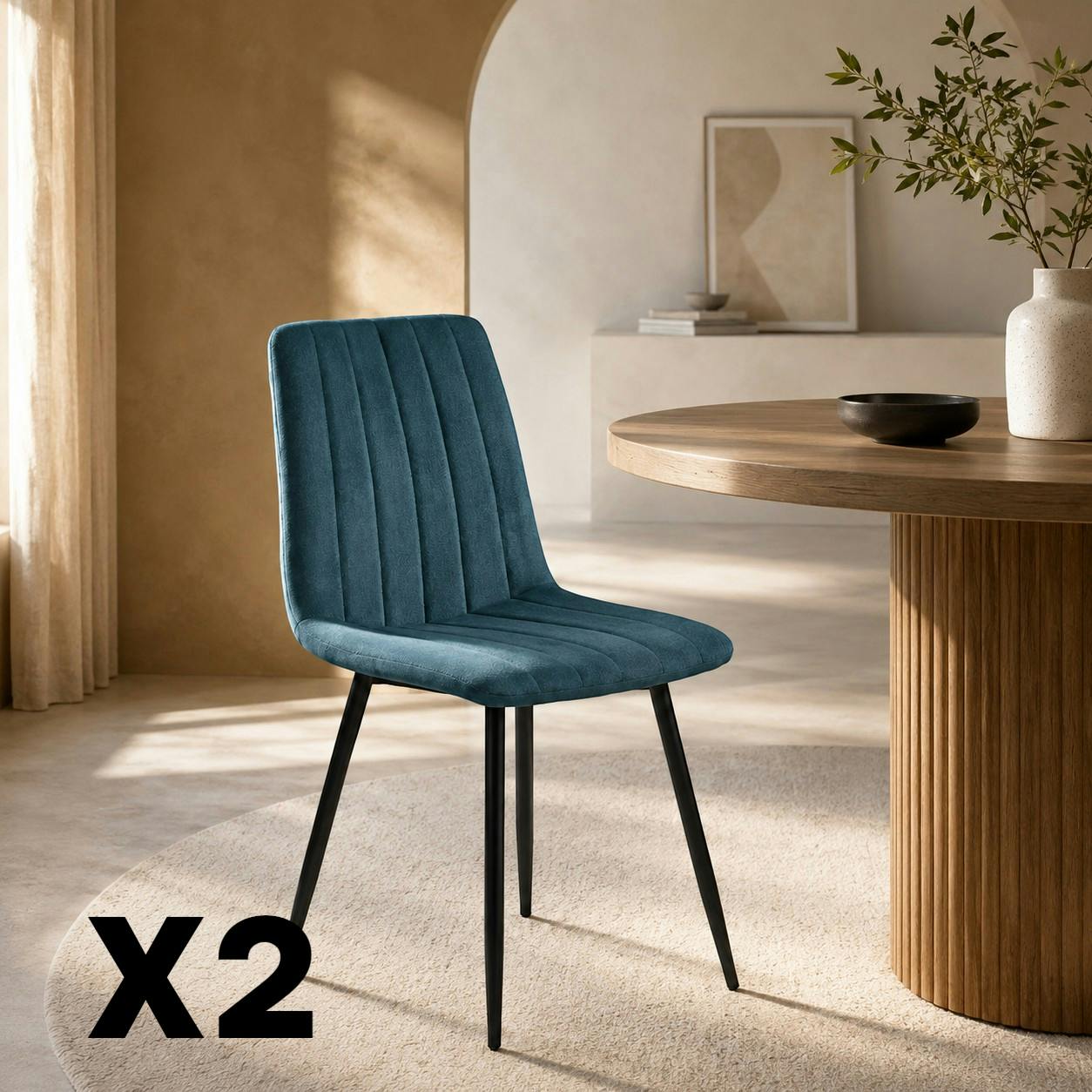 Chaise tissu bleu à coutures verticales (lot de 2) LORA