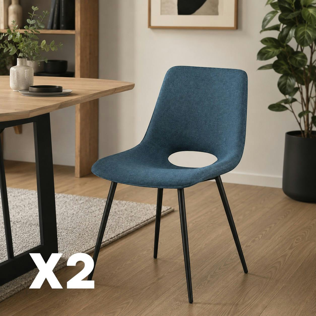 Chaise tissu bleu à dossier ouvert (lot de 2) LORA