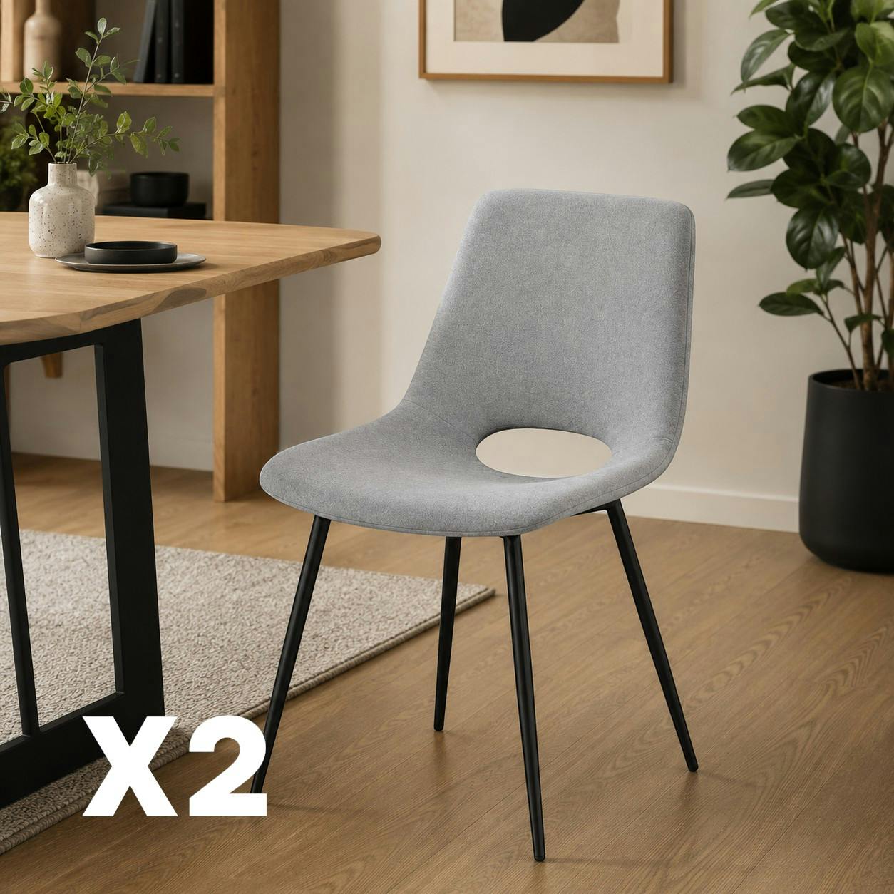 Chaise tissu gris à dossier ouvert (lot de 2) LORA